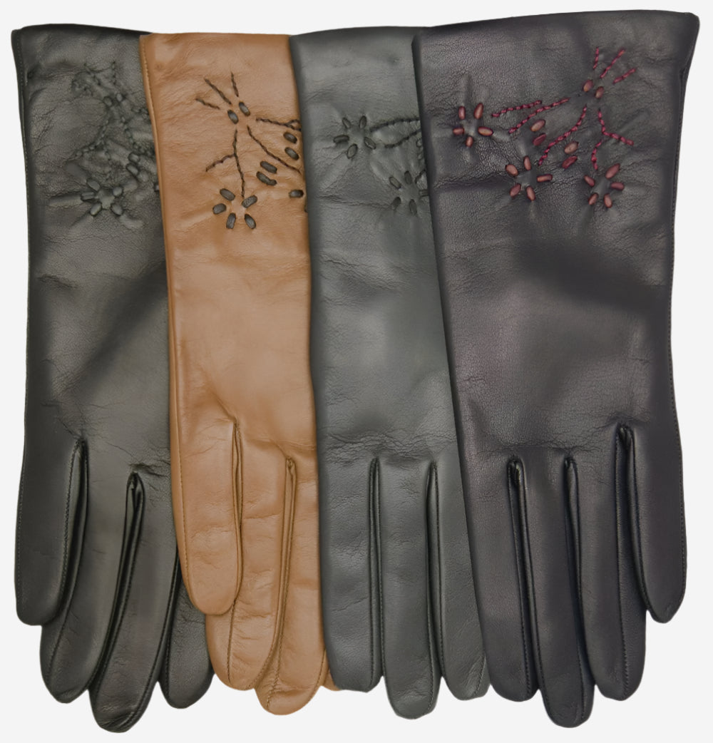 CC4101 (charcoal) - Women’s Italian cashmere lined leather gloves with floral accents