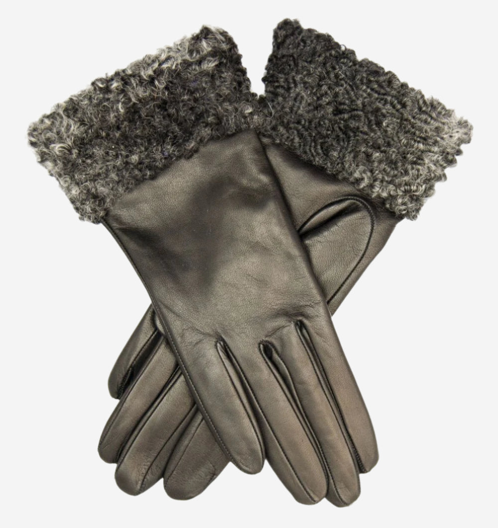 CC4172 (black/silver) - Women’s Italian cashmere lined leather gloves with Persian lamb cuffs