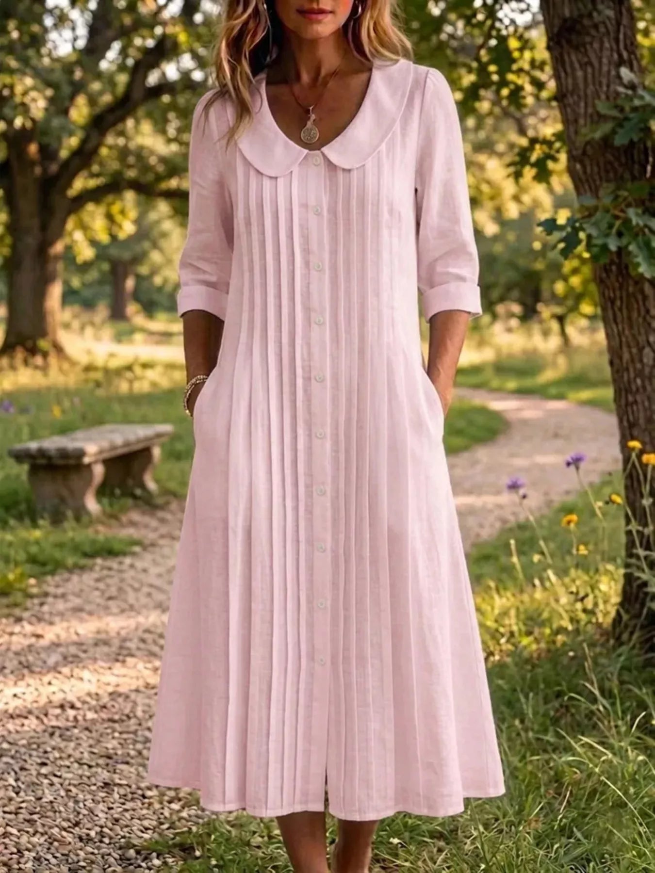 Full Size Peter Pan Collar Button Down Dress Plus Size