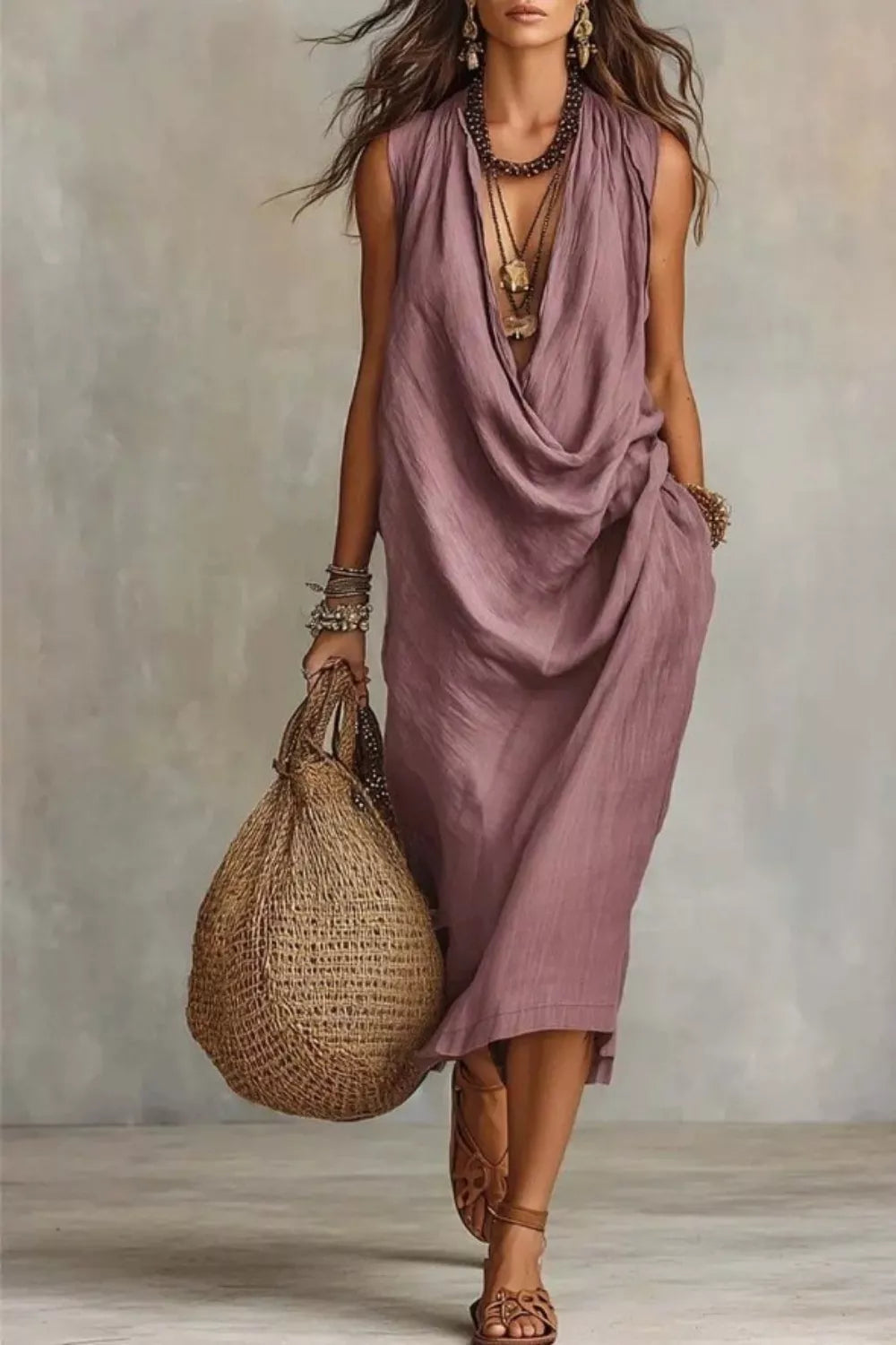 Sleeveless Drape Neck Midi Dress