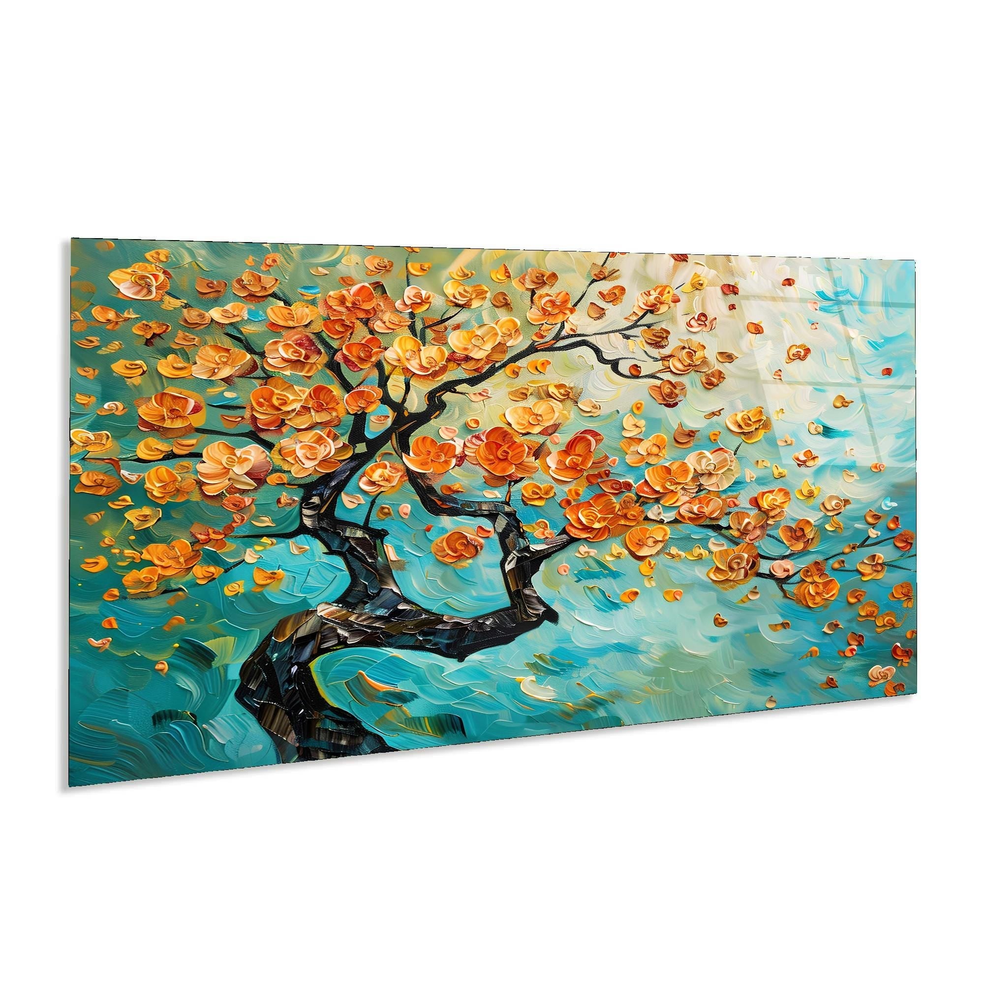 Golden Blossom Tree Glass Wall Art | Modern Nature Decor