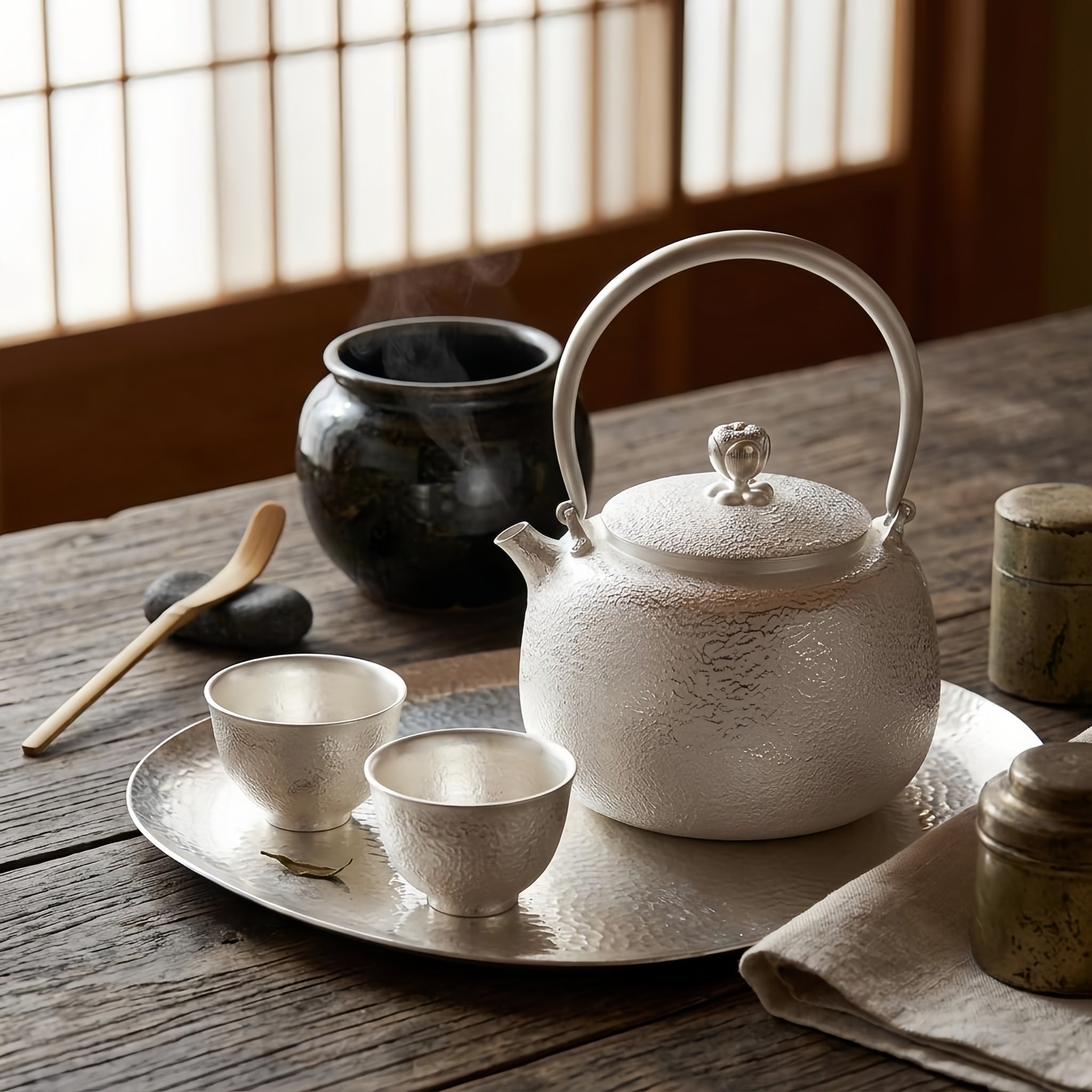 Pure 999 Fine Silver Handcrafted Fine Silver Teapot with Hammered Texture and Elegant Arched Handle - Handicraft