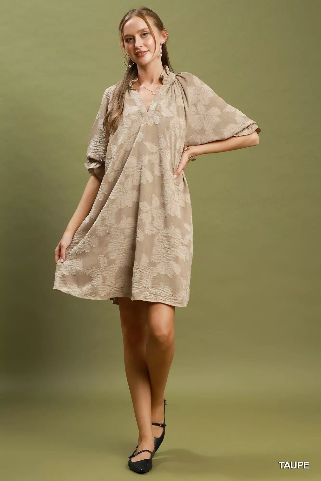 Umgee Floral Textured Jacqaurd V-Neck Dress