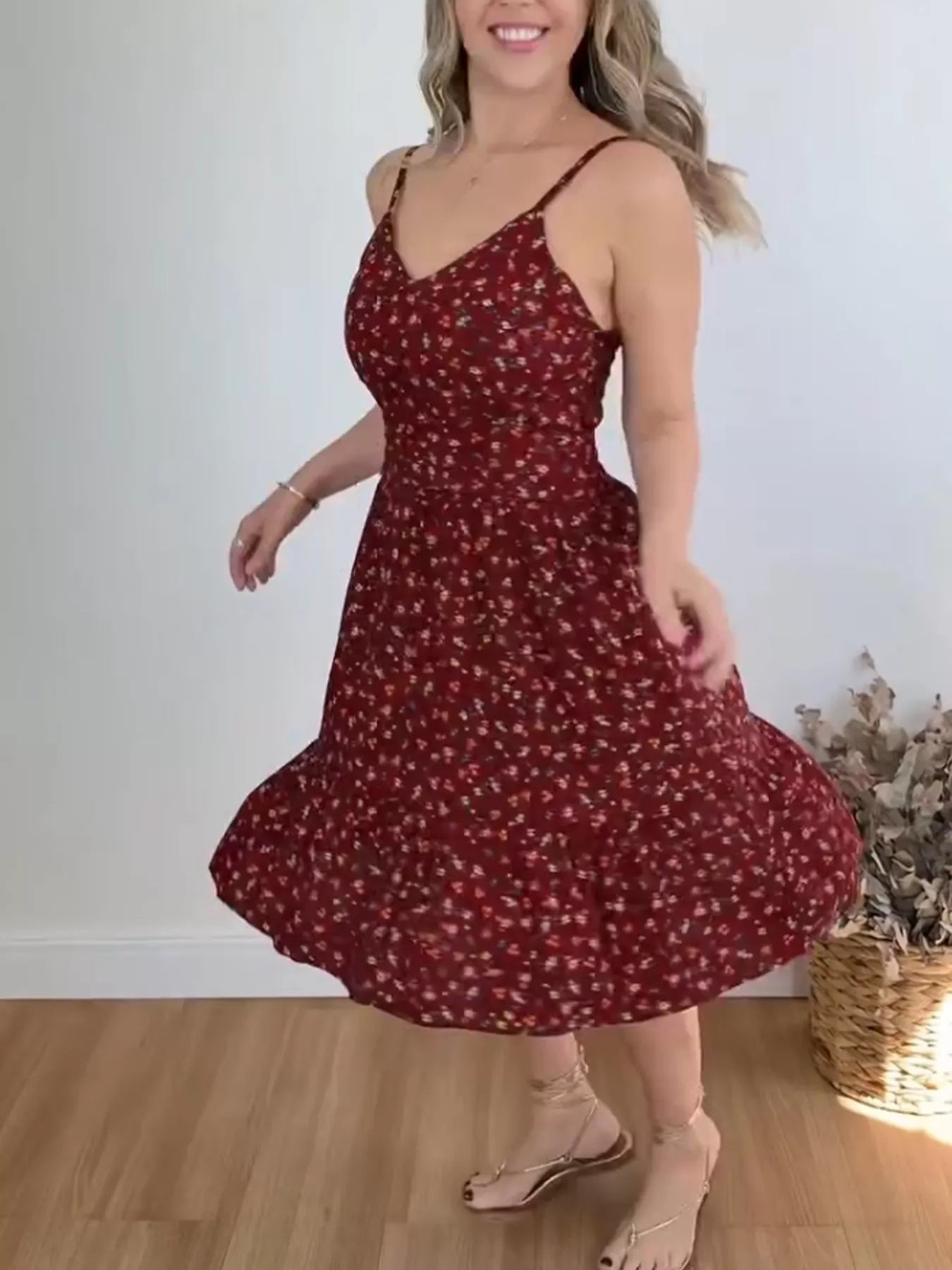 Floral Print Spaghetti Strap Ruffle Hem Dress