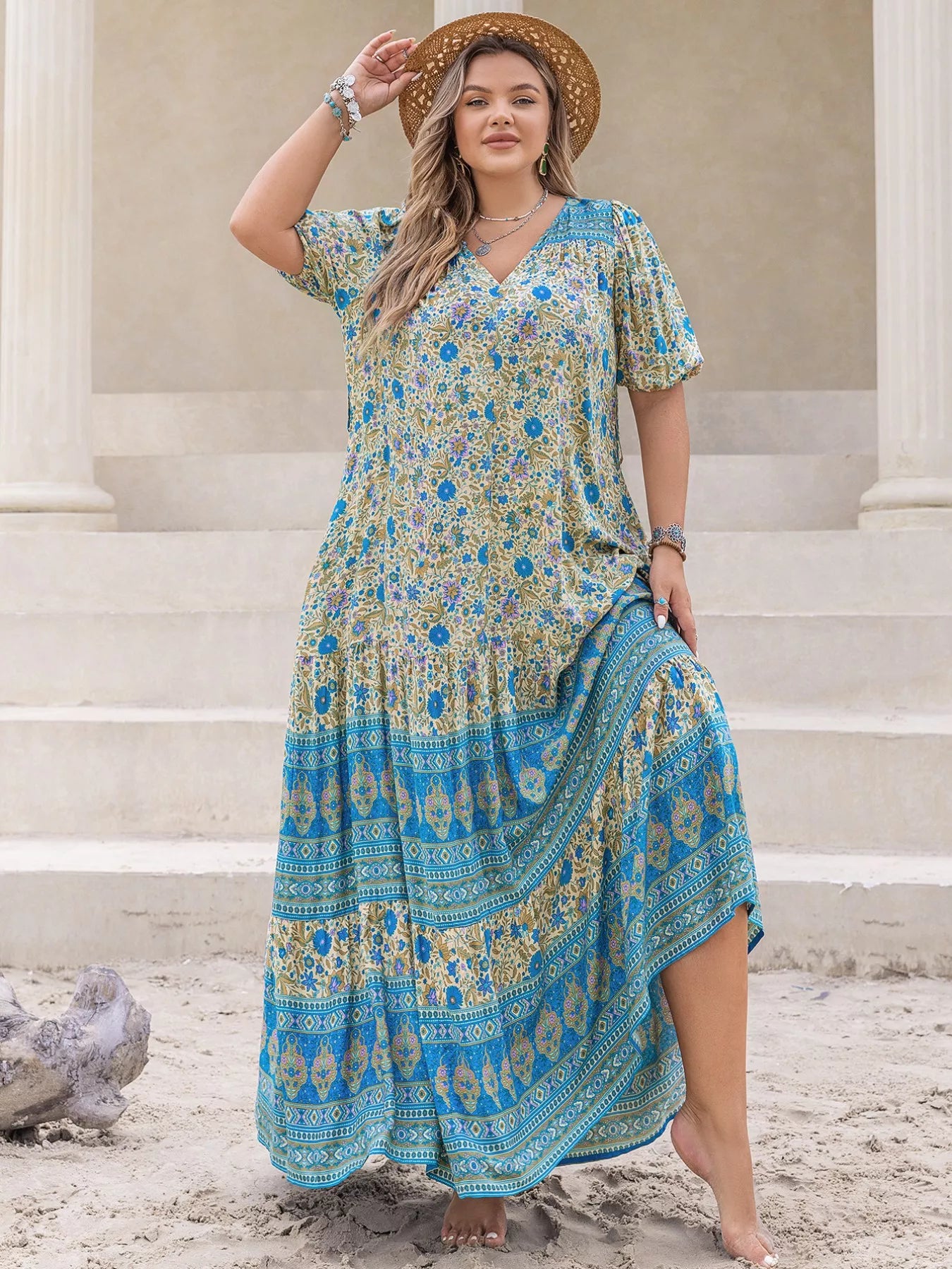 Plus Size V-Neck Floral Print Maxi Dress