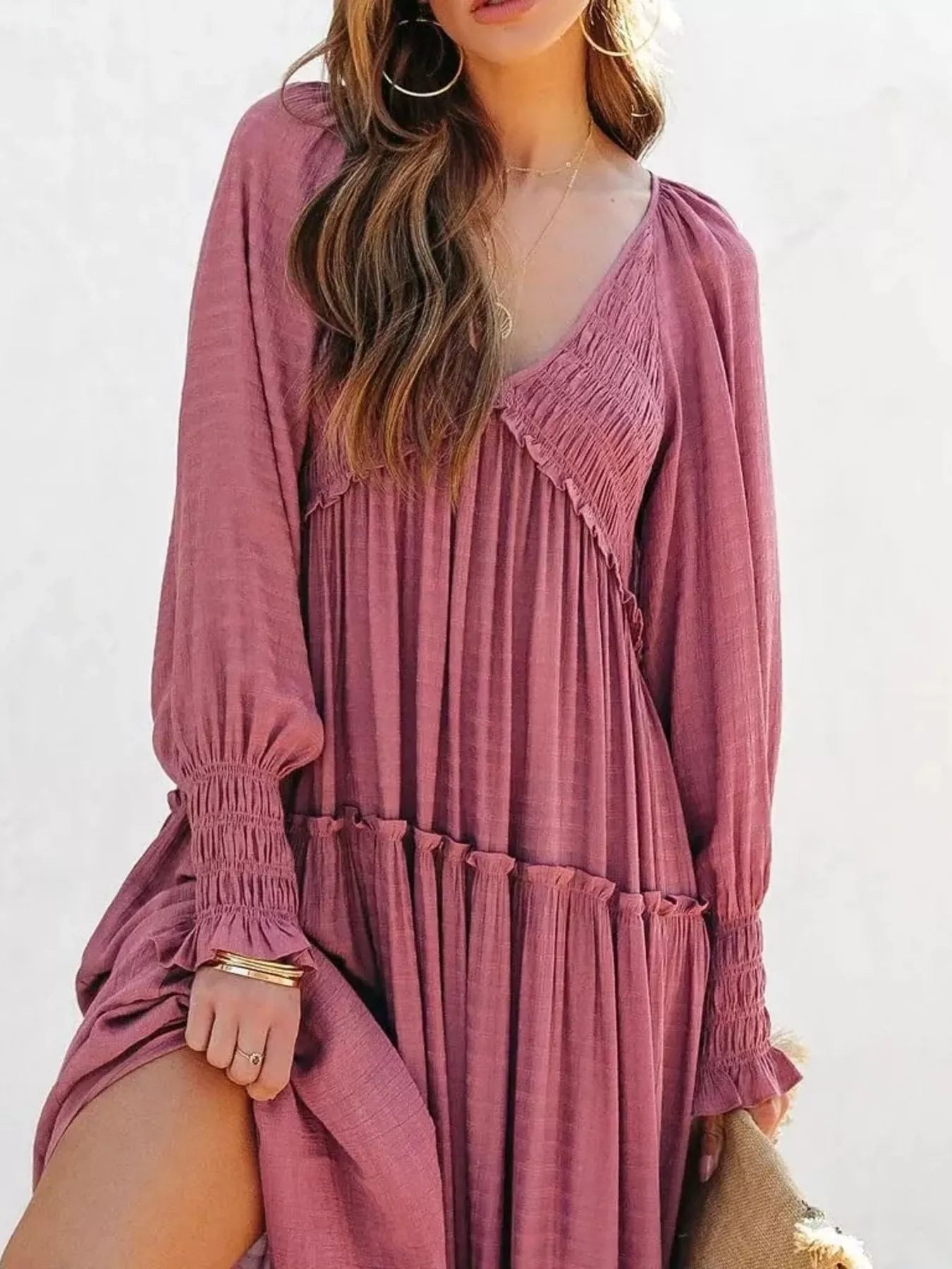 V-Neck Long Sleeve Tiered Maxi Dress
