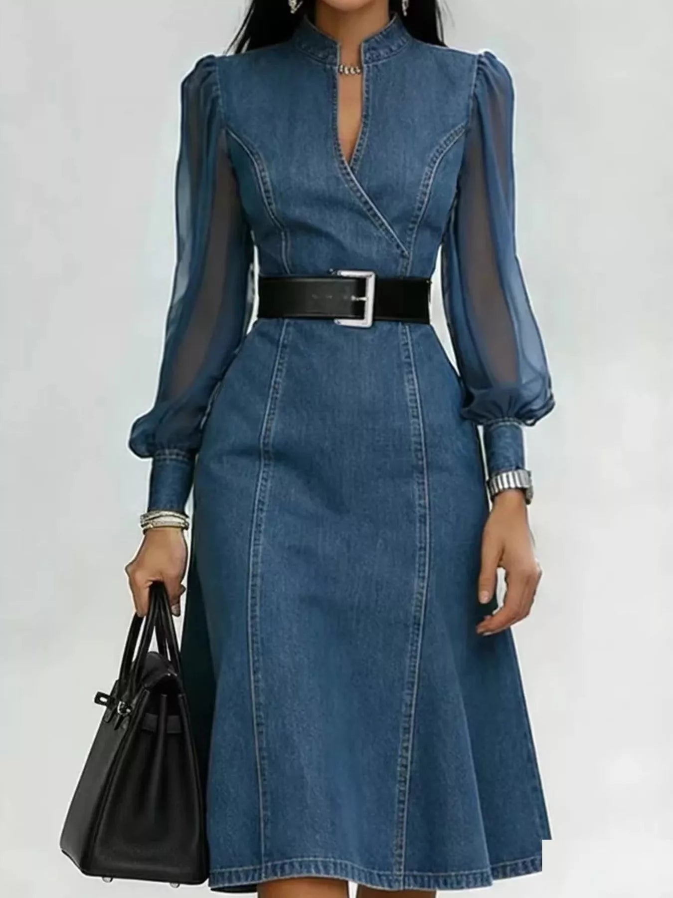 Denim Midi Dress with Sheer Sleeves