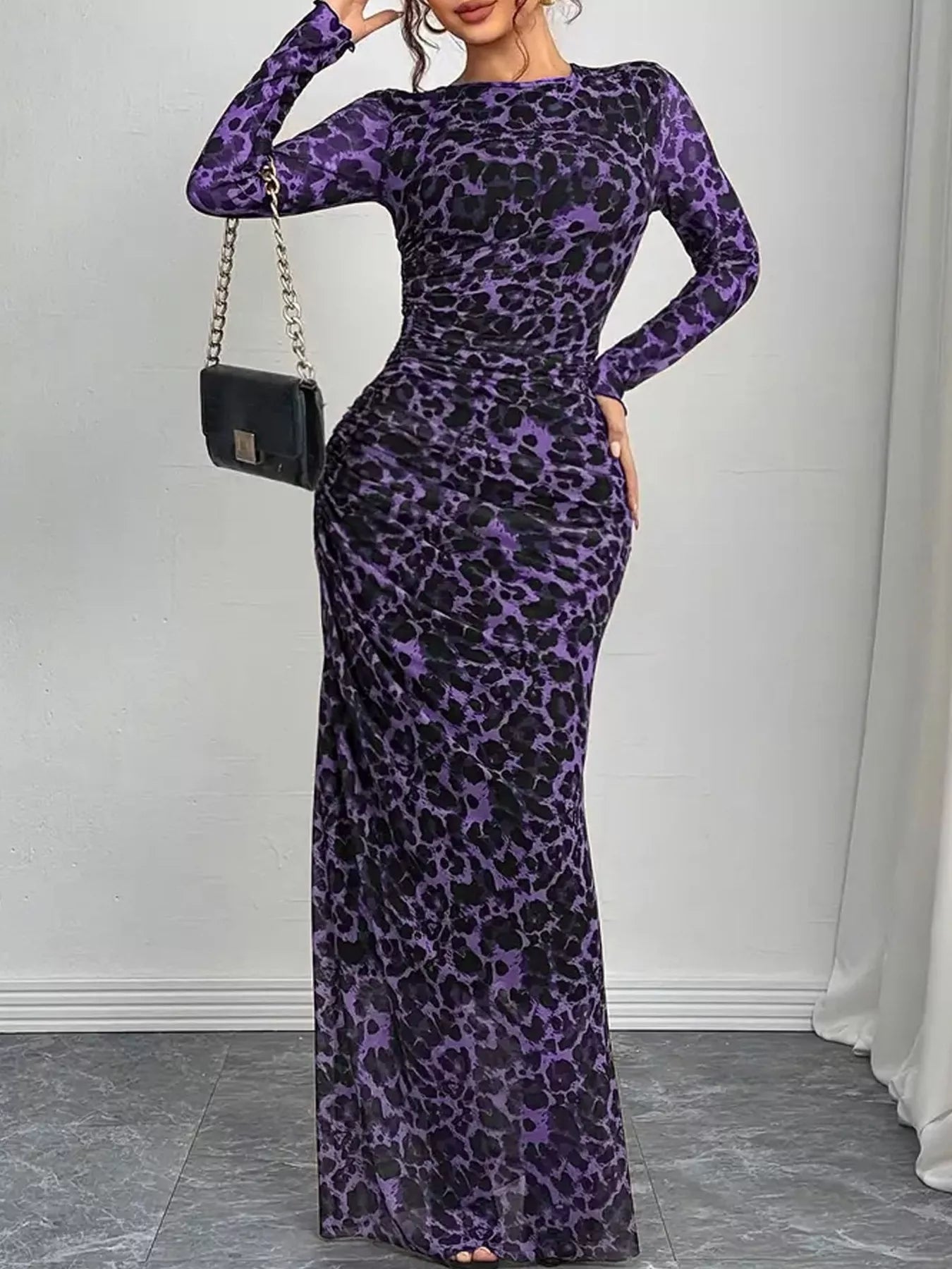 Leopard Ruched Bodycon Maxi Dress
