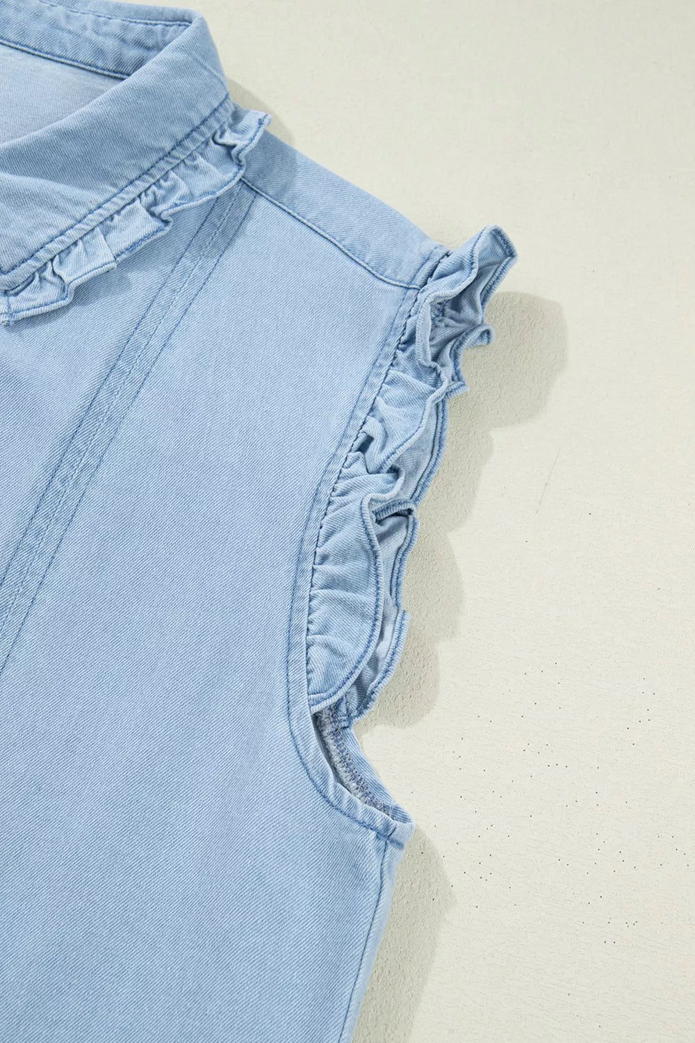 Ruffled Edge Collared Shift Denim Dress with Pockets