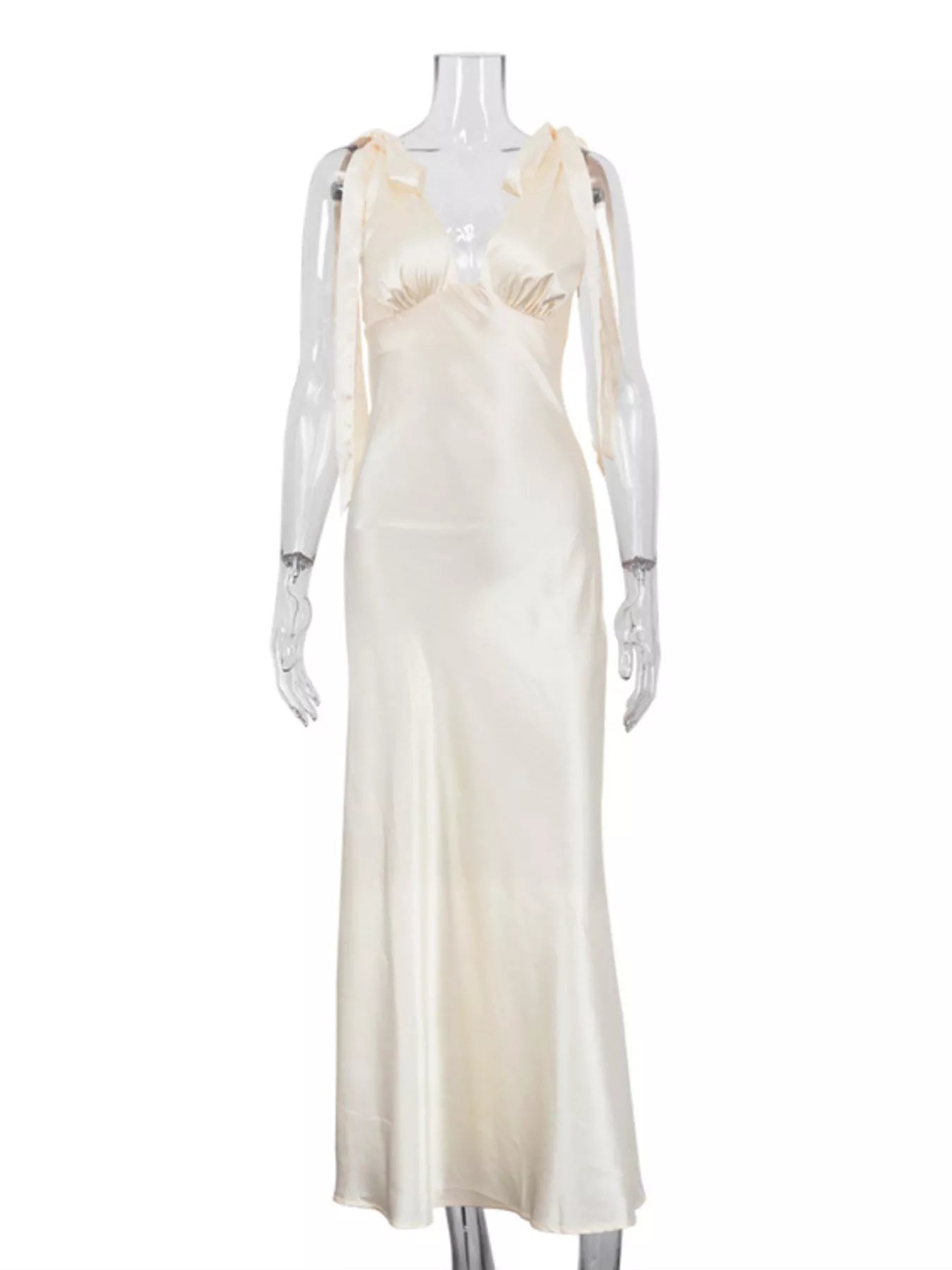 Satin Tie Shoulder Deep V-Neck Dress
