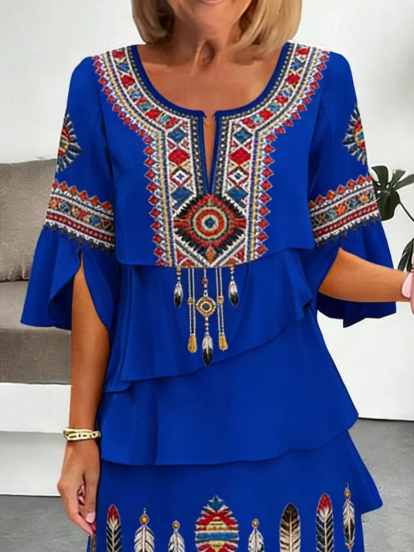Full Size Printed Notched Ruffled Half Sleeve Dress Plus Size