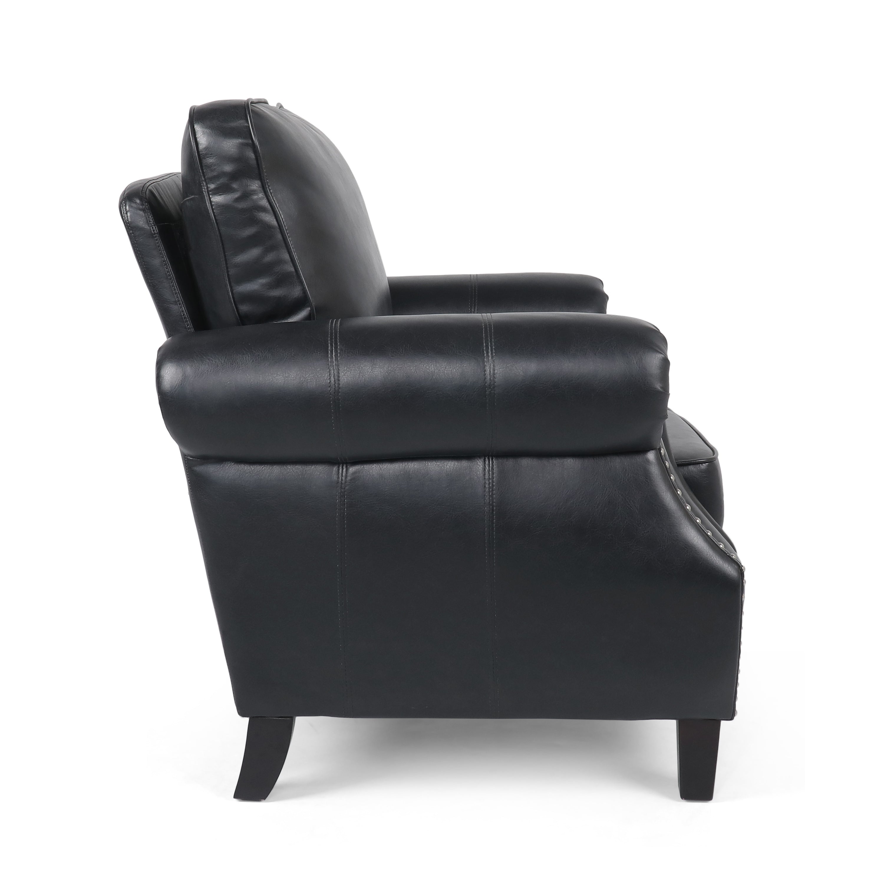 Club Chair Contemporary PU Leather Black Rolled Arms Nailhead Trim 37 In
