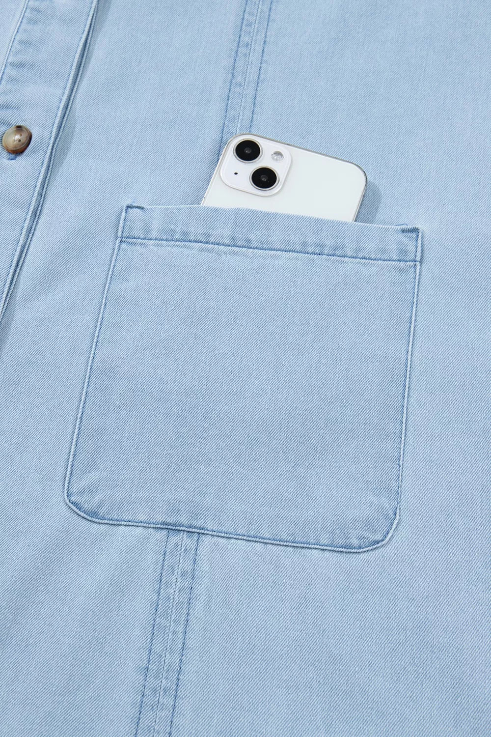 Ruffled Edge Collared Shift Denim Dress with Pockets