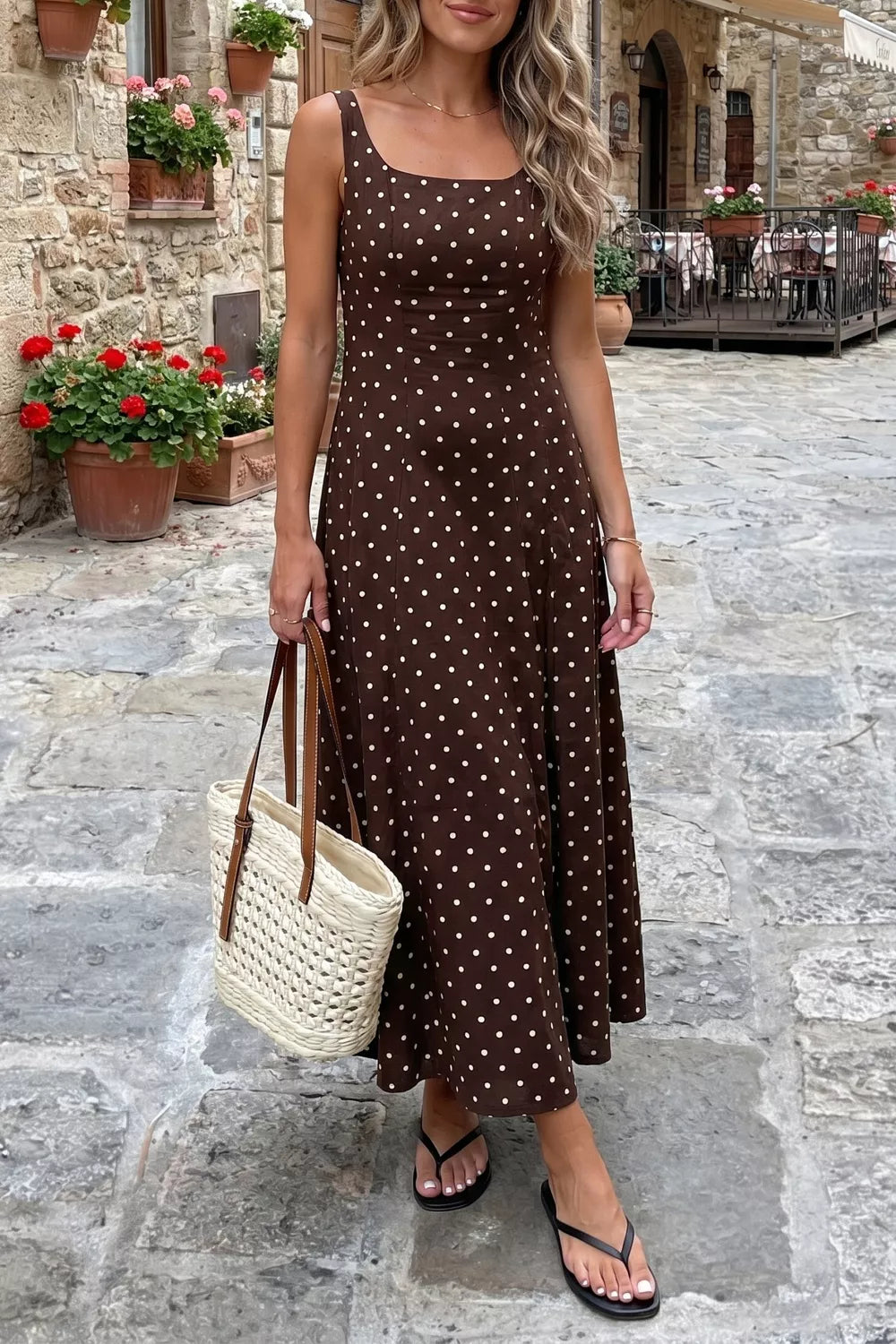 Polka Dot Print Square Neck Sleeveless Vacation Maxi Dress