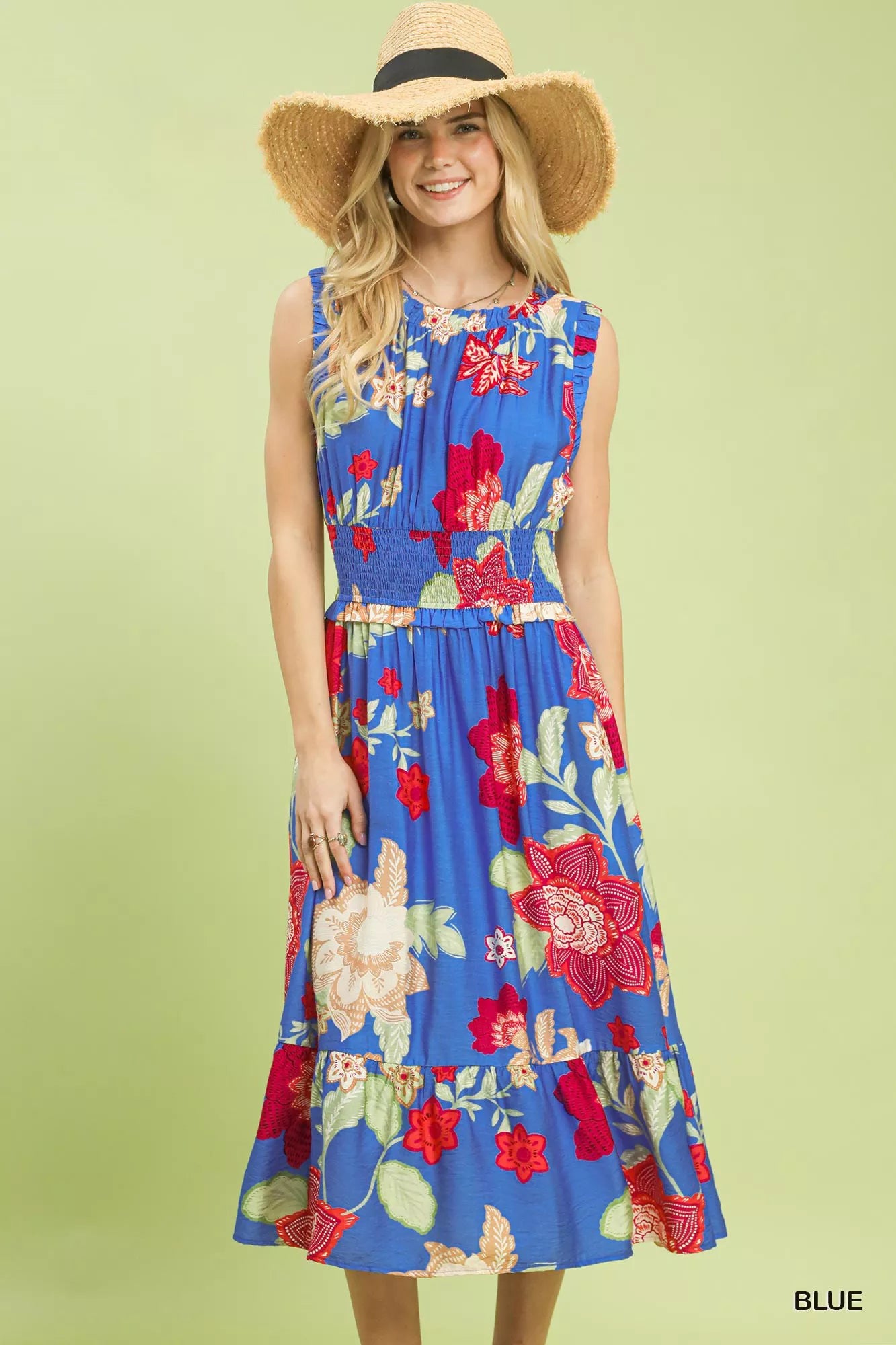 Umgee Floral Smocked Midi Dress