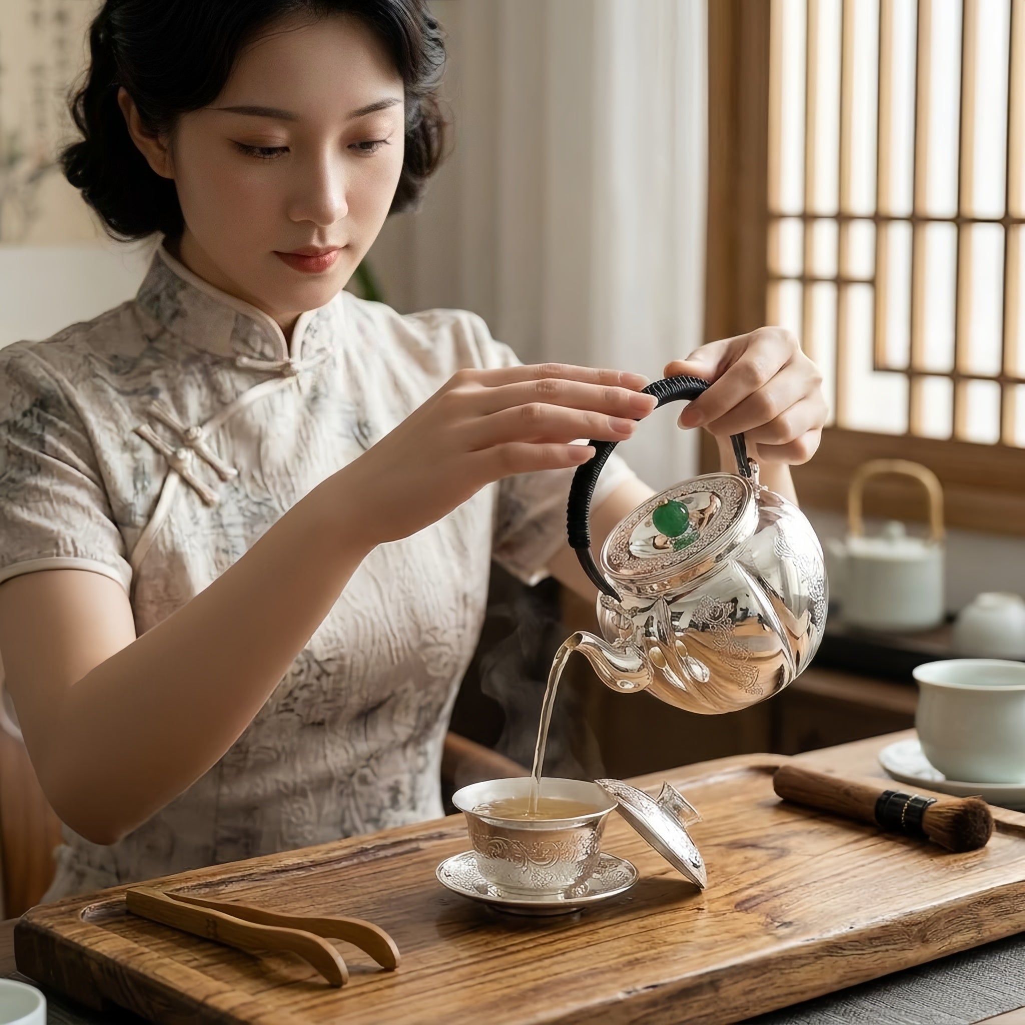 Pure 999 Fine Silver Elegant Silver Teapot with Green Jade Finial and Woven Black Handle - Handicraft