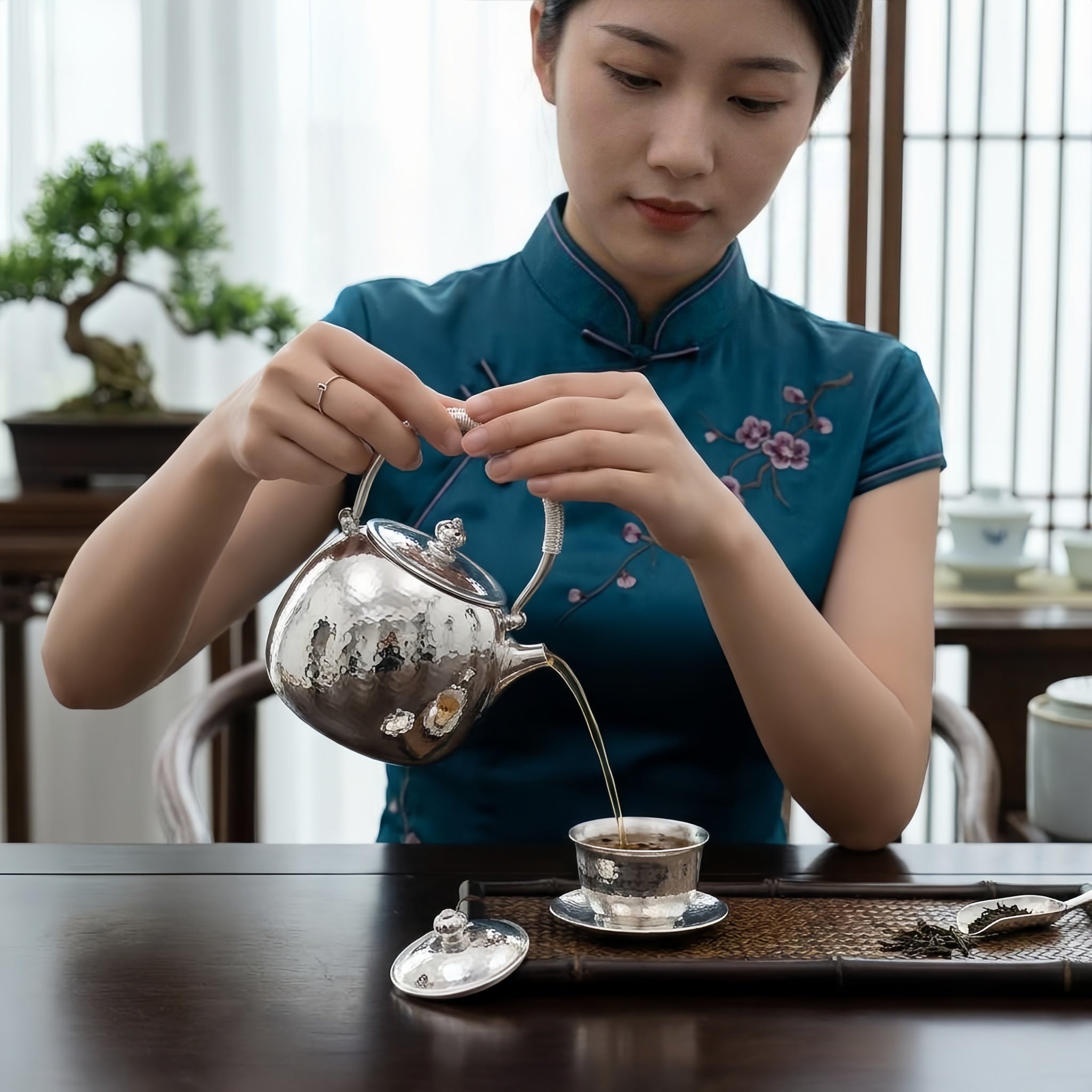 Pure 999 Fine Silver Elegant Hand-Hammered Polished Silver Teapot with Traditional Woven Handle - Handicraft