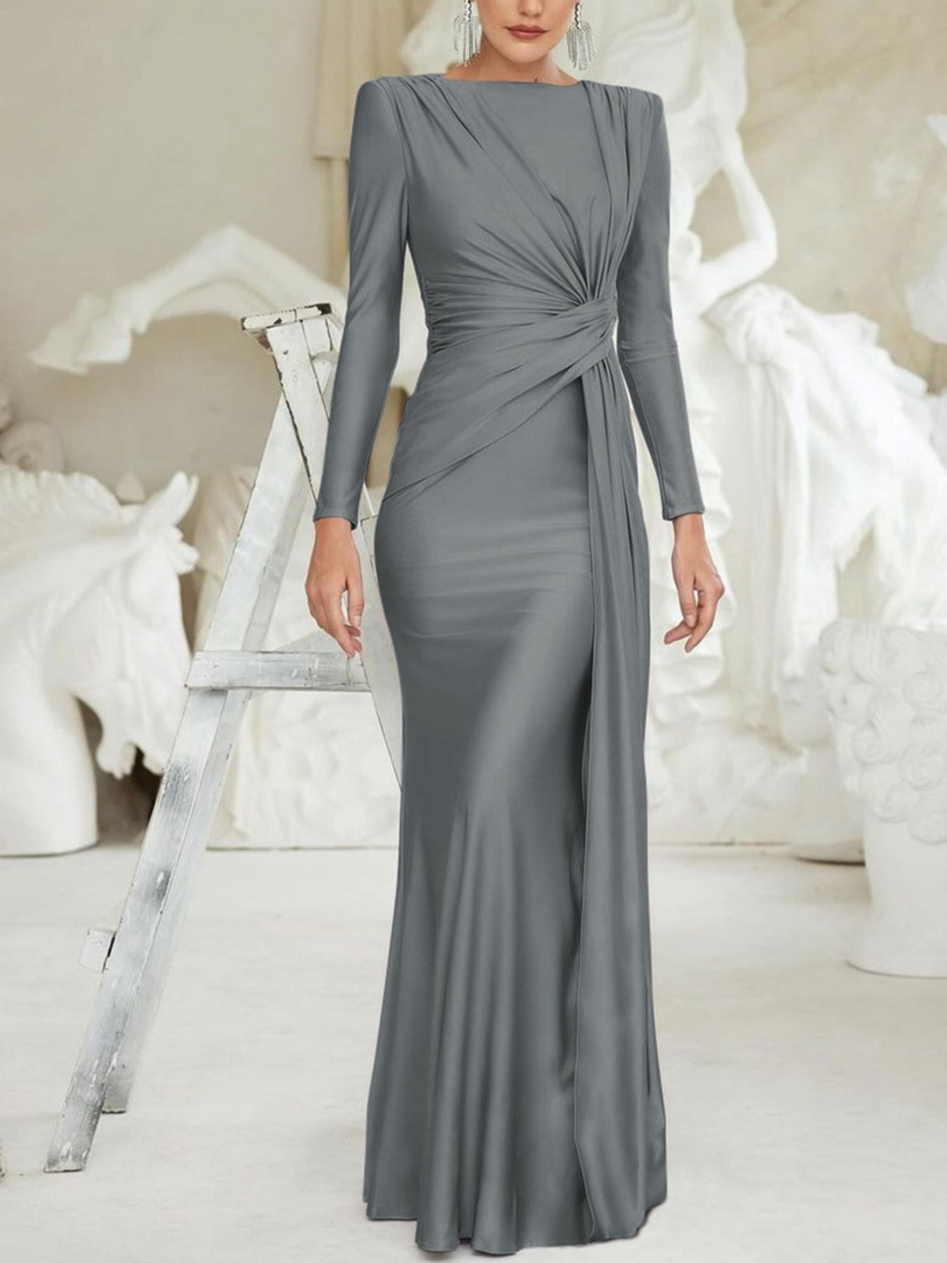 Ruched Knot Front Long Sleeve Maxi Dress