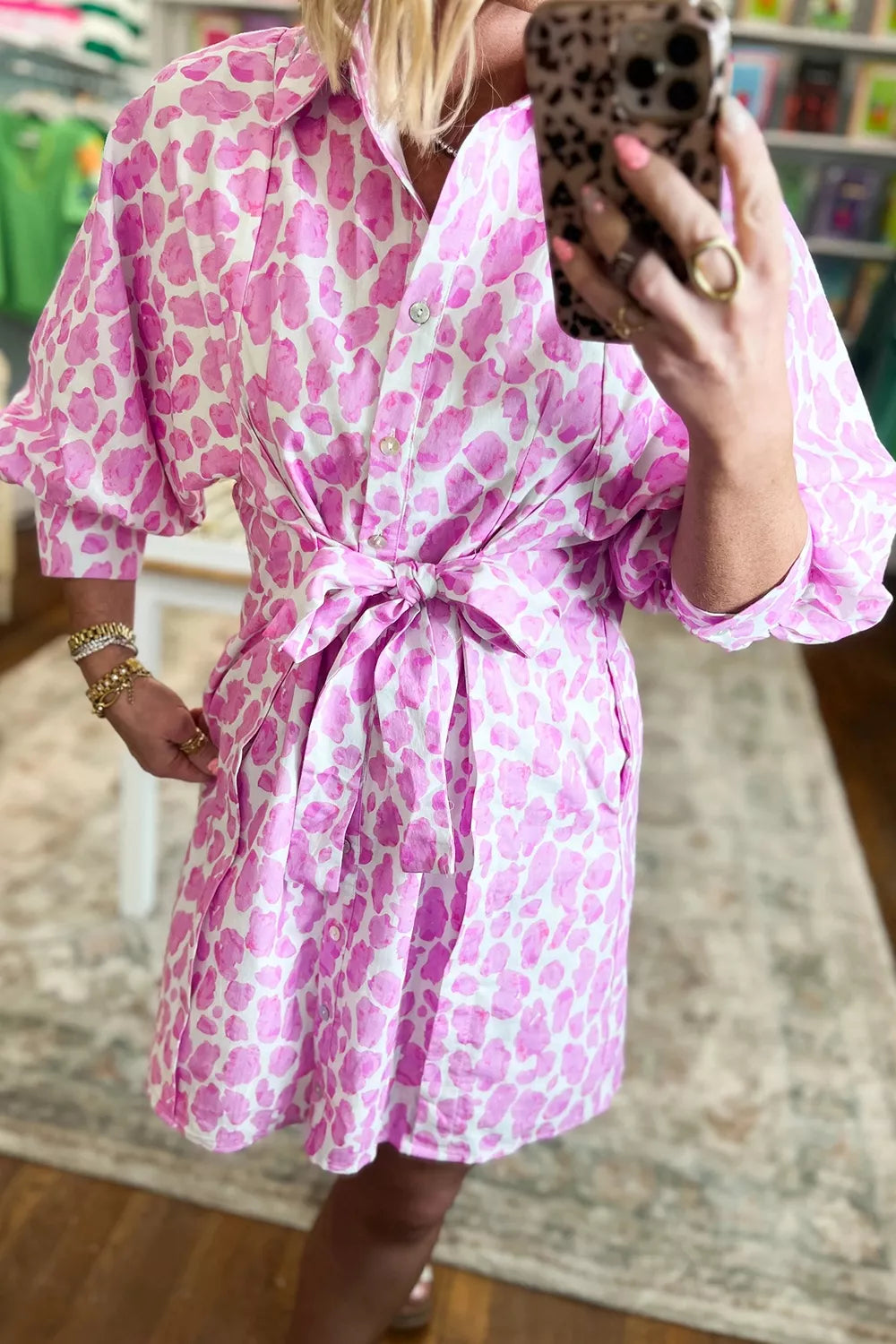 Abstract Leopard Print Tie Waist Puff Sleeve Mini Shirt Dress