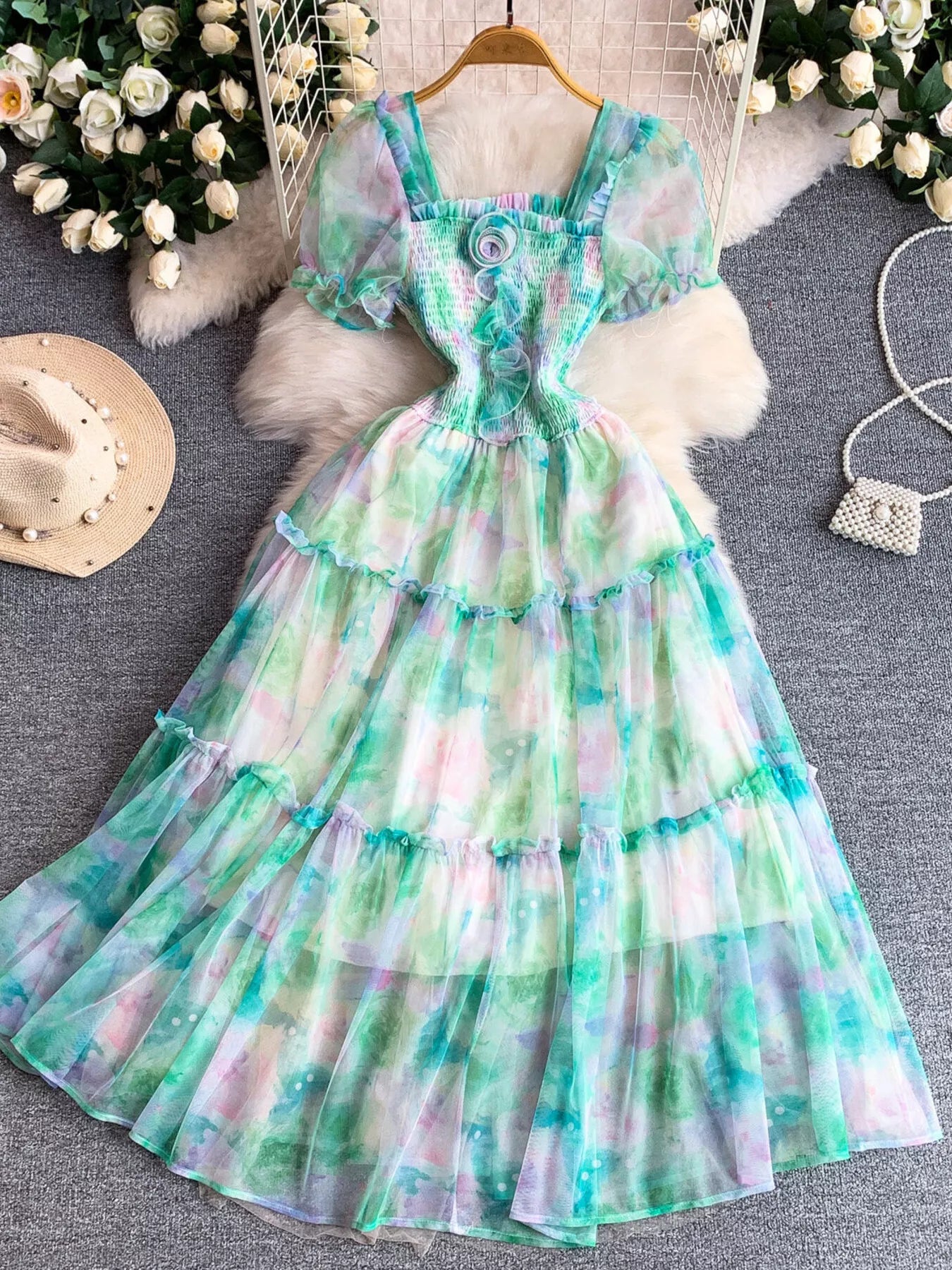 Smocked Floral Tiered Mesh Midi Dress