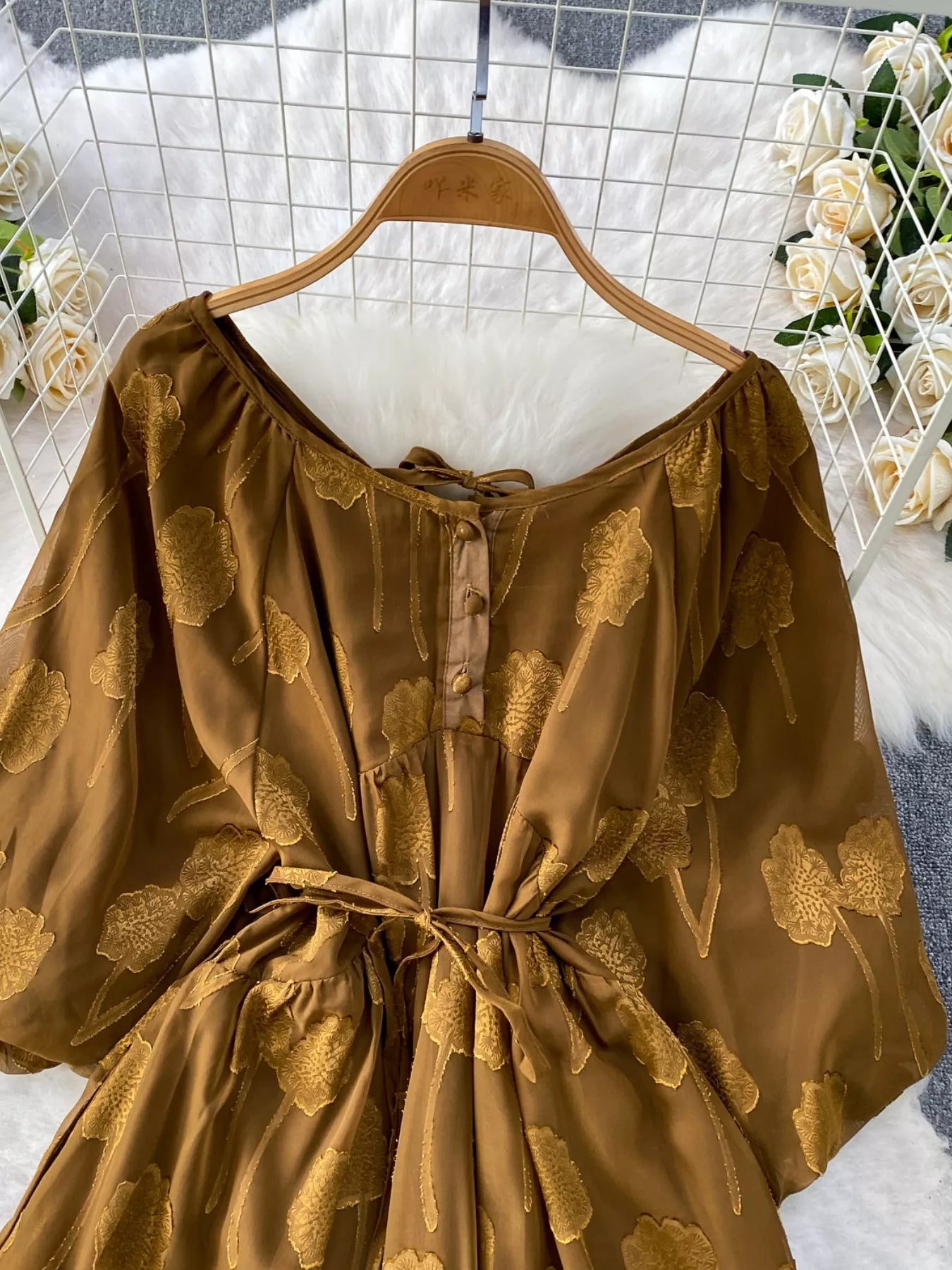 Button Front Puff Sleeve Chiffon Dress