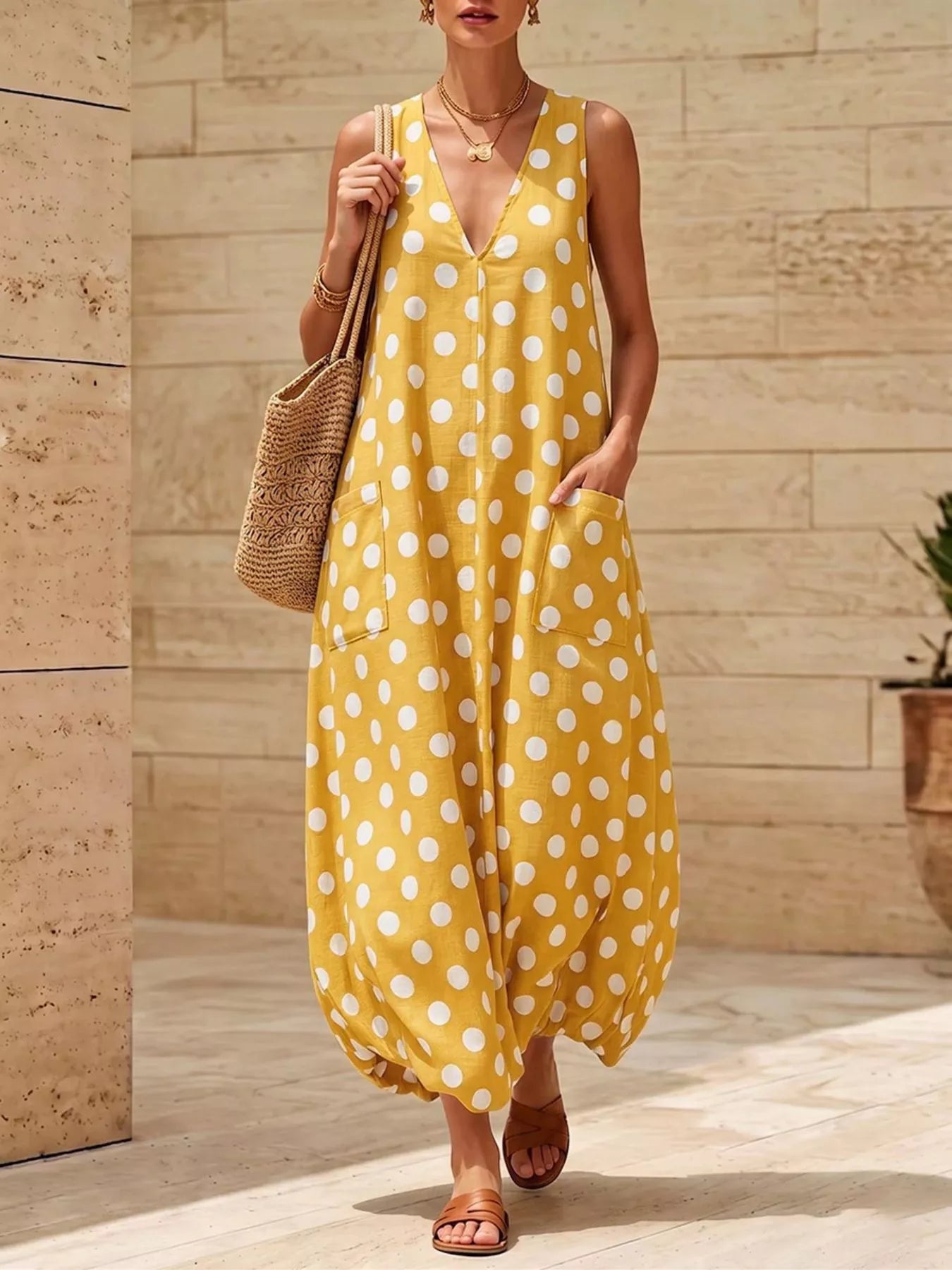 Polka Dot V-Neck Sleeveless Maxi Dress