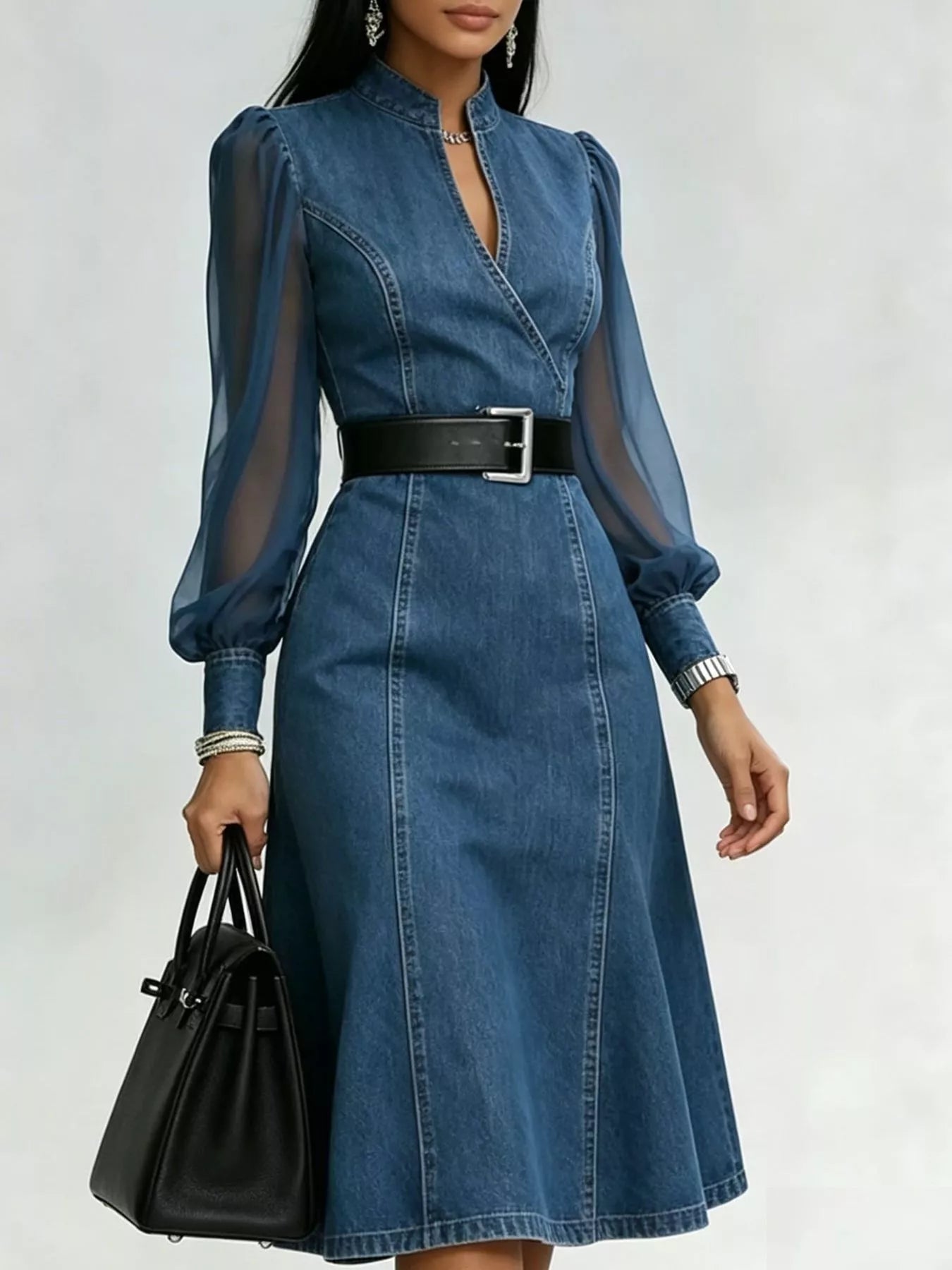 Denim Midi Dress with Sheer Sleeves
