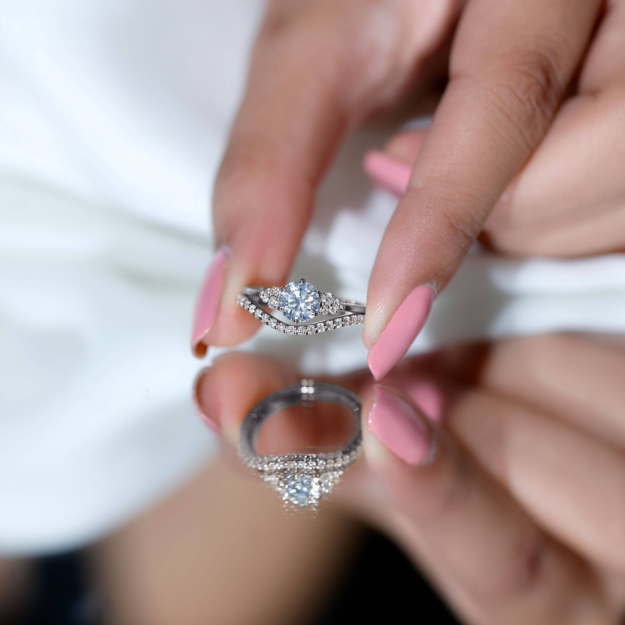Certified Diamond Bridal Ring Set with Curved Band - Overture Gifts
