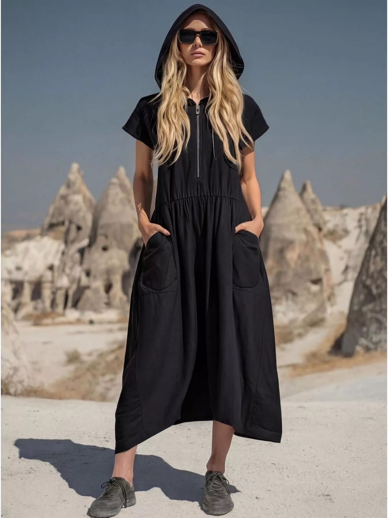 Full Size Hooded Midi Dress with Zipper and Pockets Plus Size