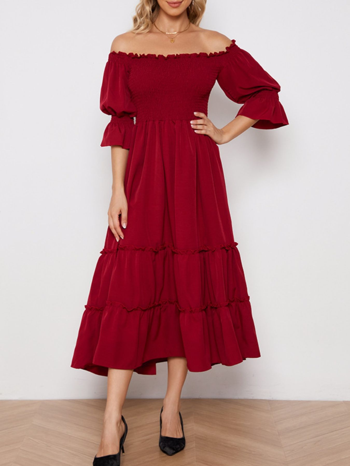 Smocked Off-Shoulder Ruffle Hem Midi Dress