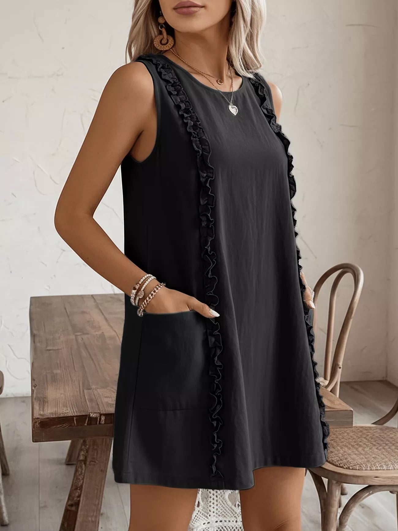 Frill Sleeveless Round Neck Dress