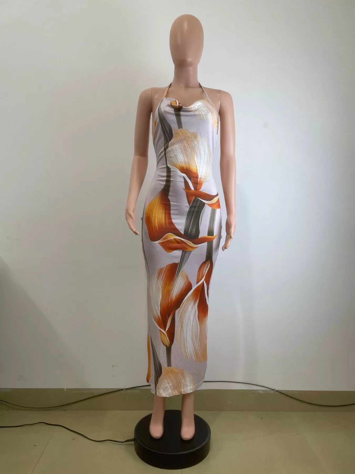 Floral Print Cowl Neck Backless Maxi Dress