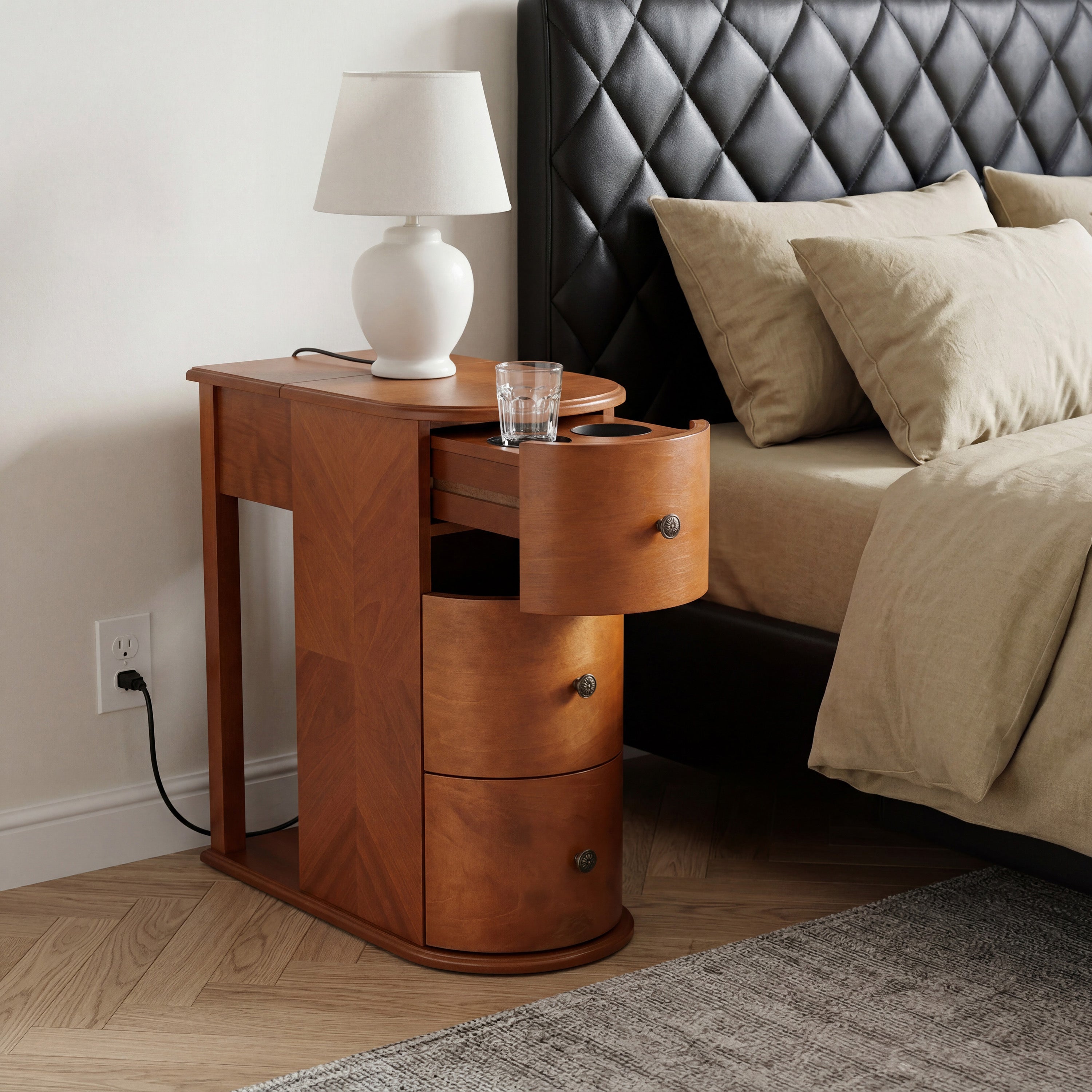 Modern End Table with Hidden Cup Holder Drawer & Charging Station