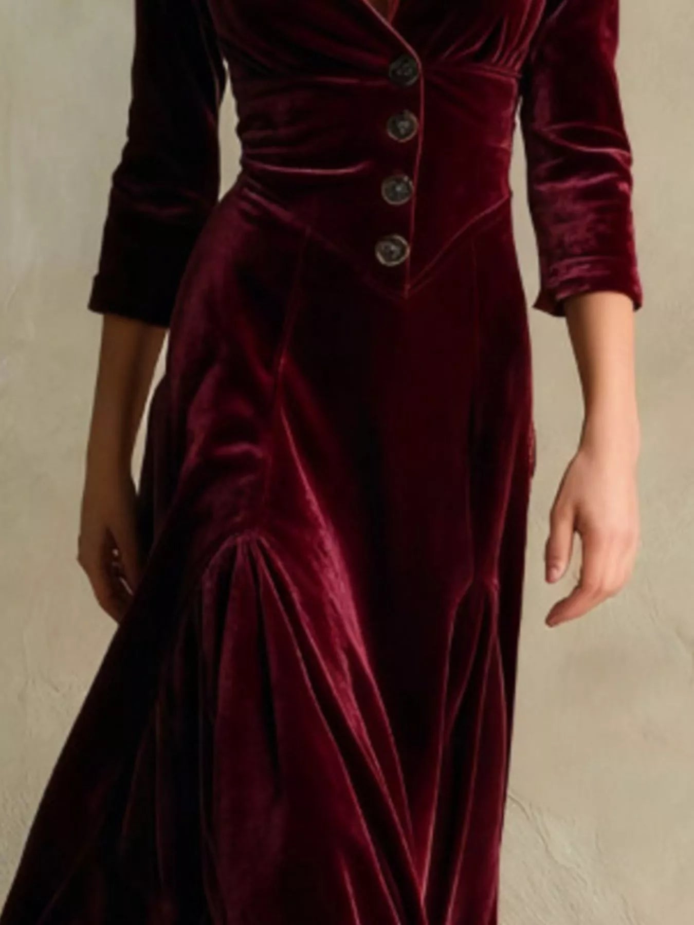 Velvet Button Front 3/4 Sleeve Maxi Dress