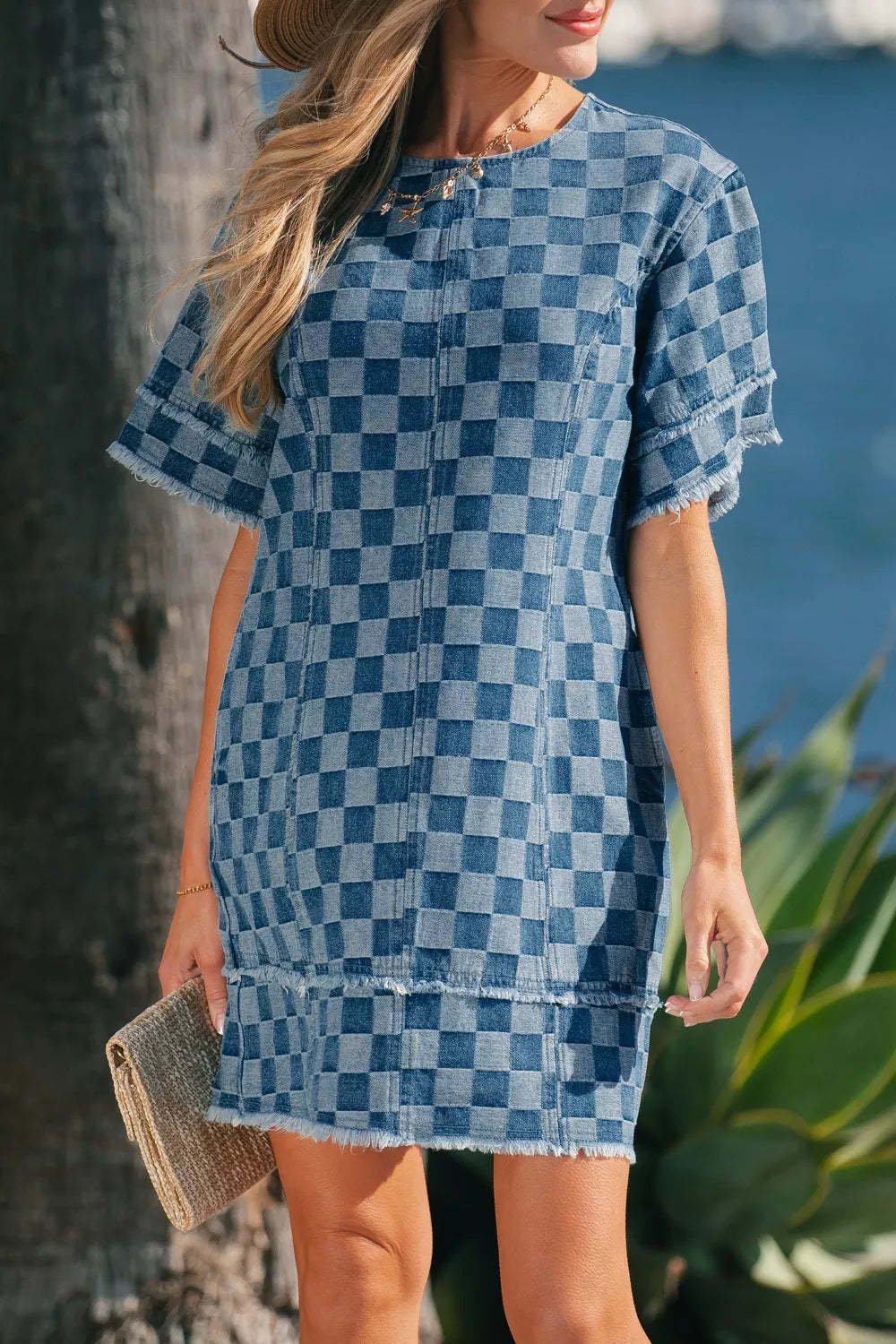 Frayed Hem Checkered Denim Mini Dress