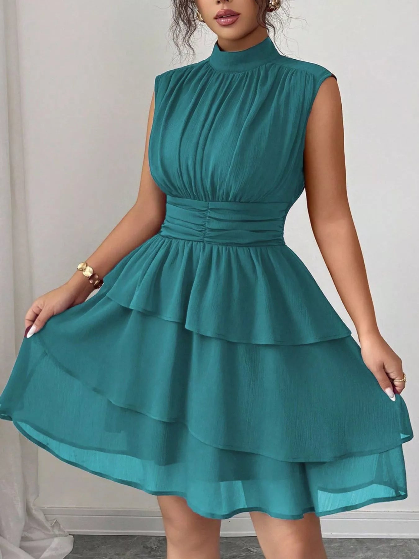 Sleeveless Mock Neck Layered Ruffle Dress