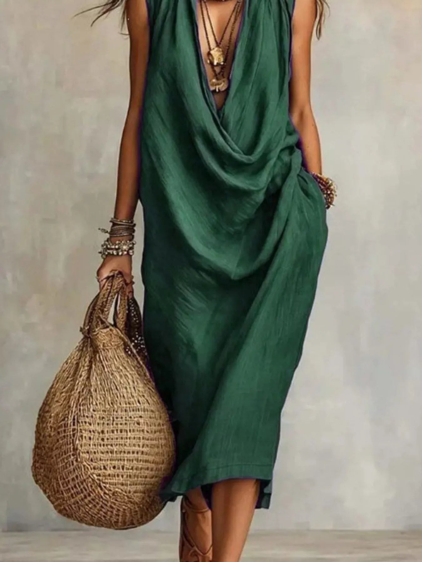 Sleeveless Drape Neck Midi Dress