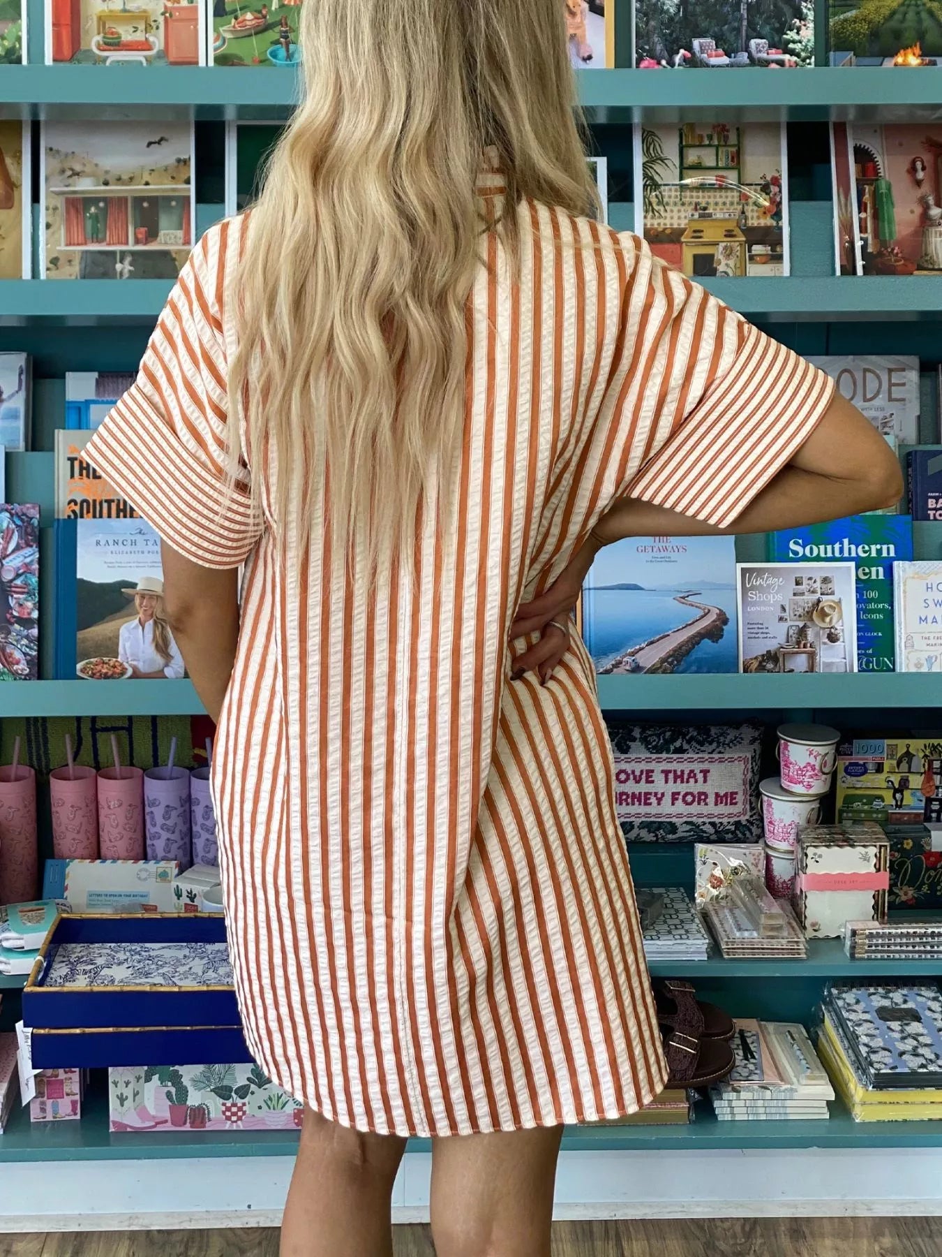 Stripe Pinched V Neck Turn-up Cuffs Shift Mini Dress