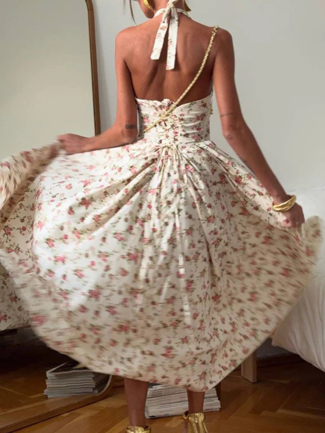 Floral Print Halter Neck Midi Dress