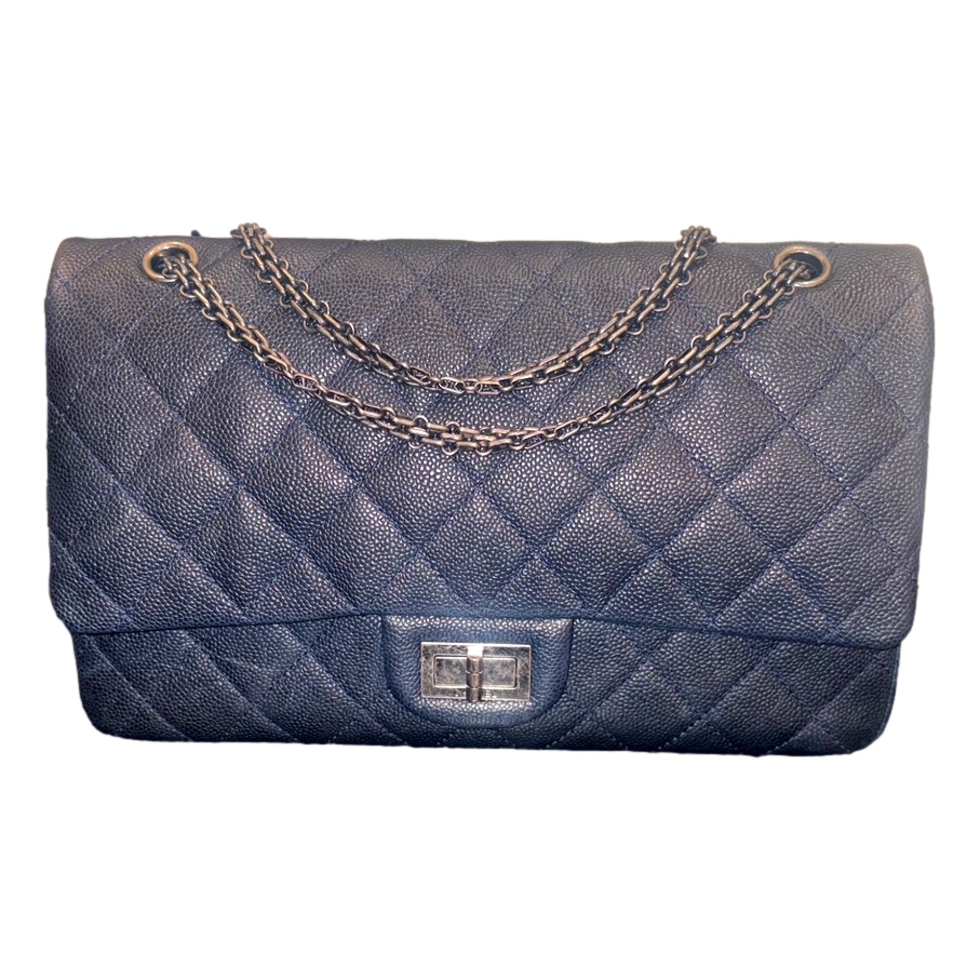 Chanel Reissue 2.55 226 Navy Caviar Leather Quilted Flap Bag Silver Chain