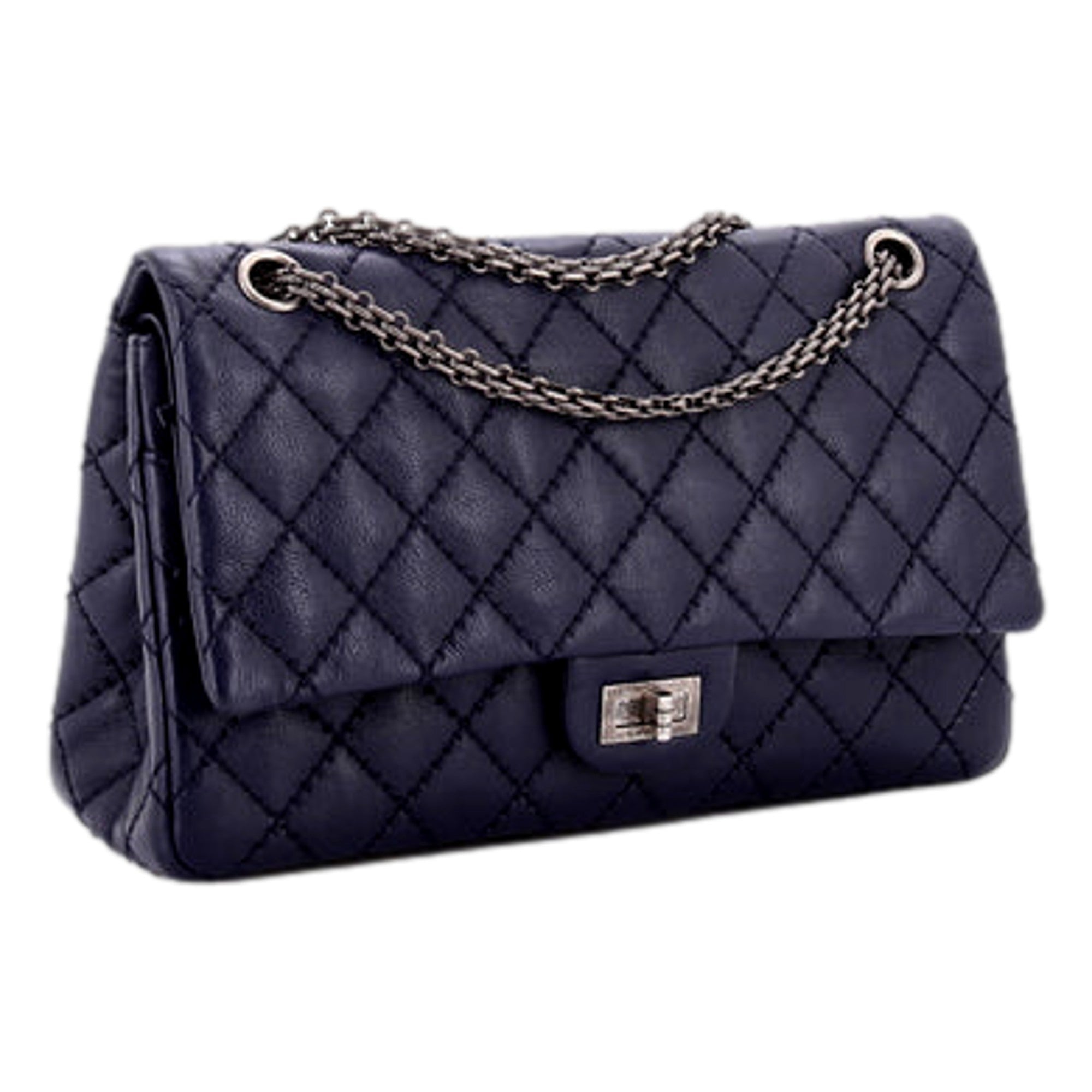 Chanel Reissue 2.55 226 Navy Caviar Leather Quilted Flap Bag Silver Chain