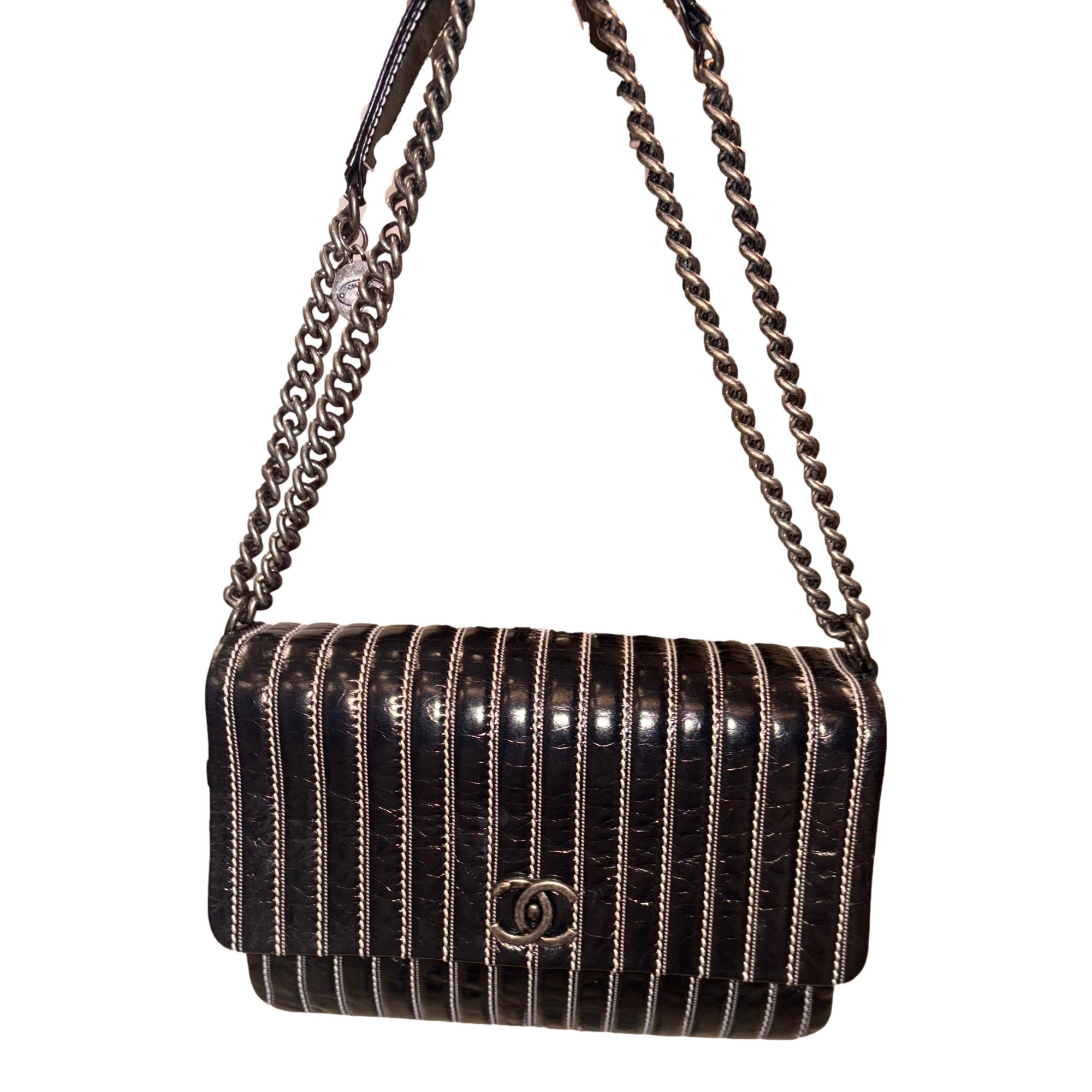 Chanel Black Vertical Stitch Flap Bag CC Logo Silver Chain Shoulder Bag