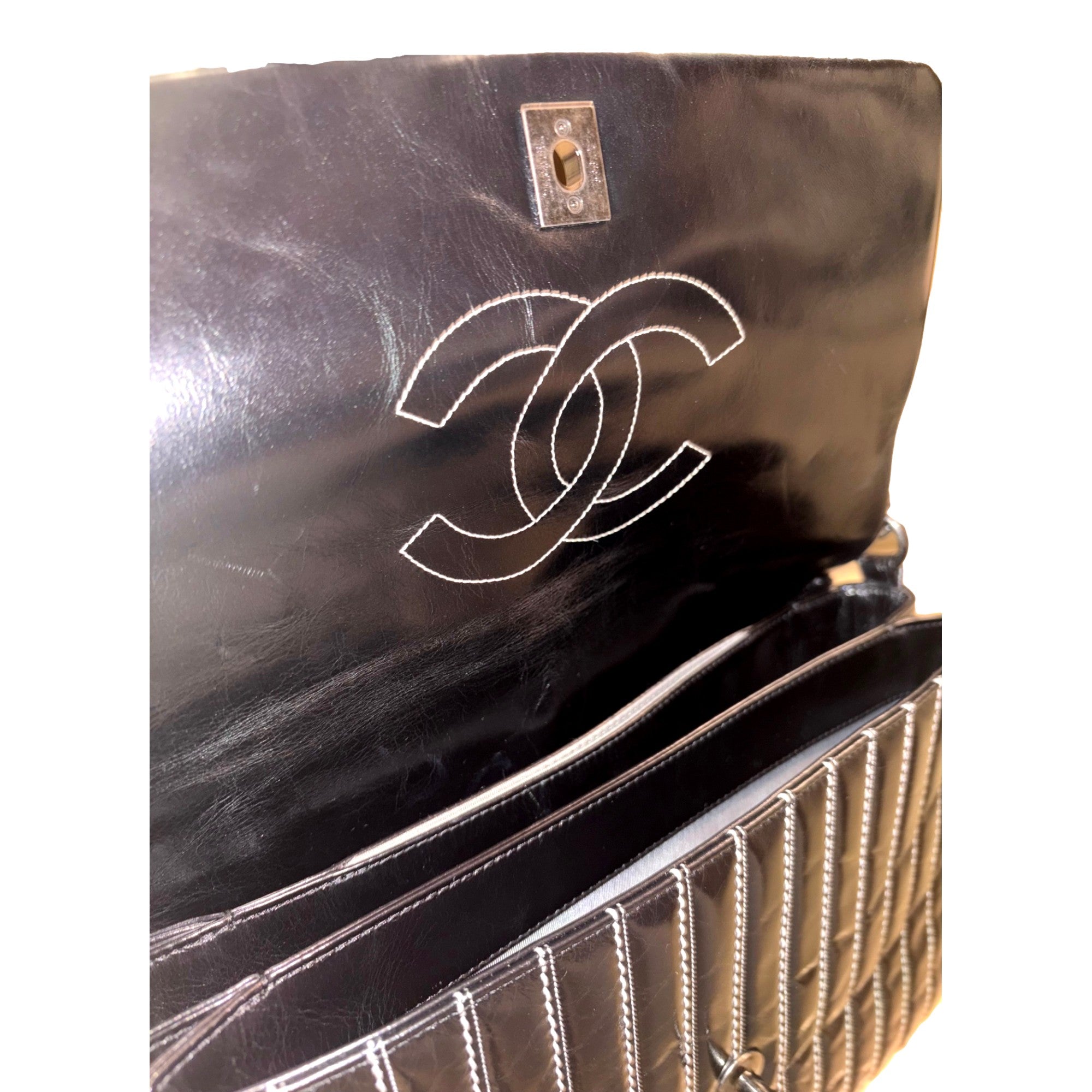 Chanel Black Vertical Stitch Flap Bag CC Logo Silver Chain Shoulder Bag