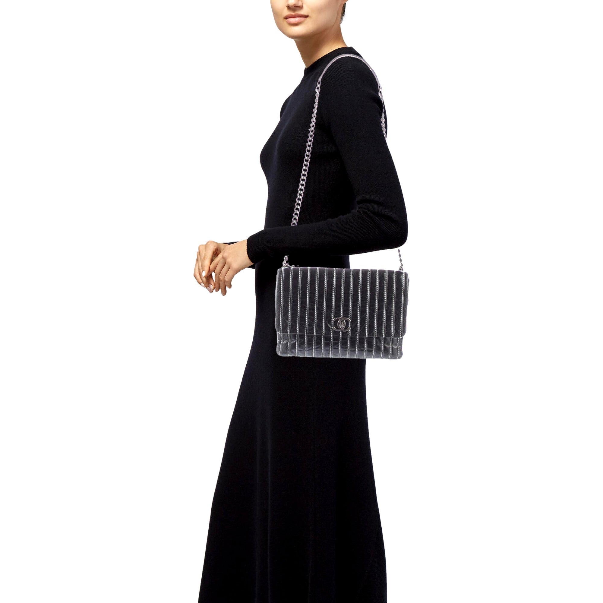 Chanel Black Vertical Stitch Flap Bag CC Logo Silver Chain Shoulder Bag