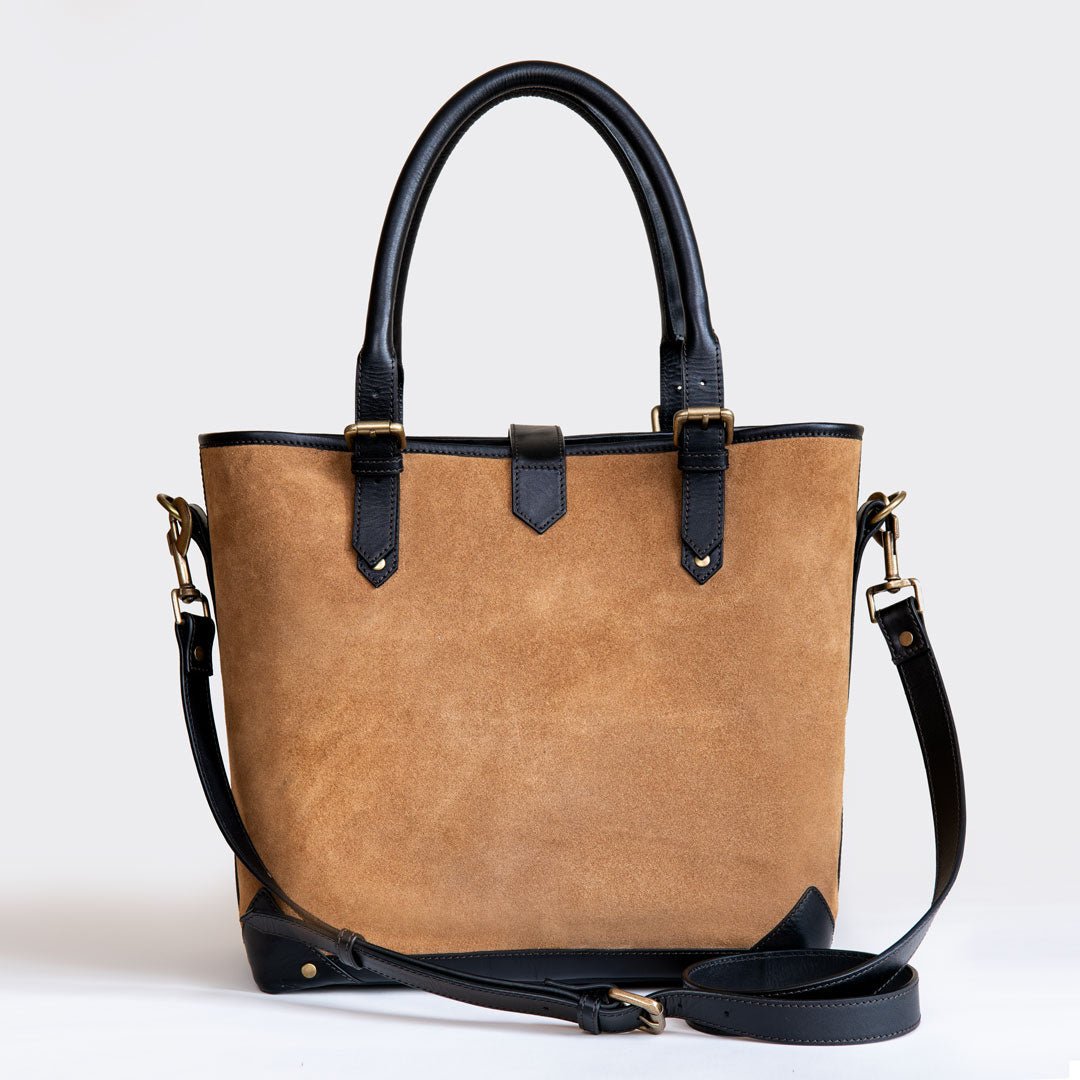 Signature - Riding Stirrup Tote Luxury Leather Handbag in Black on Chestnut