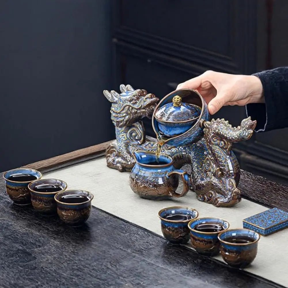 Chinese Gongfu Tea Set – 360° Rotating Teapot with Infuser & 6 Cups (Dragon Design) - Overture Gifts
