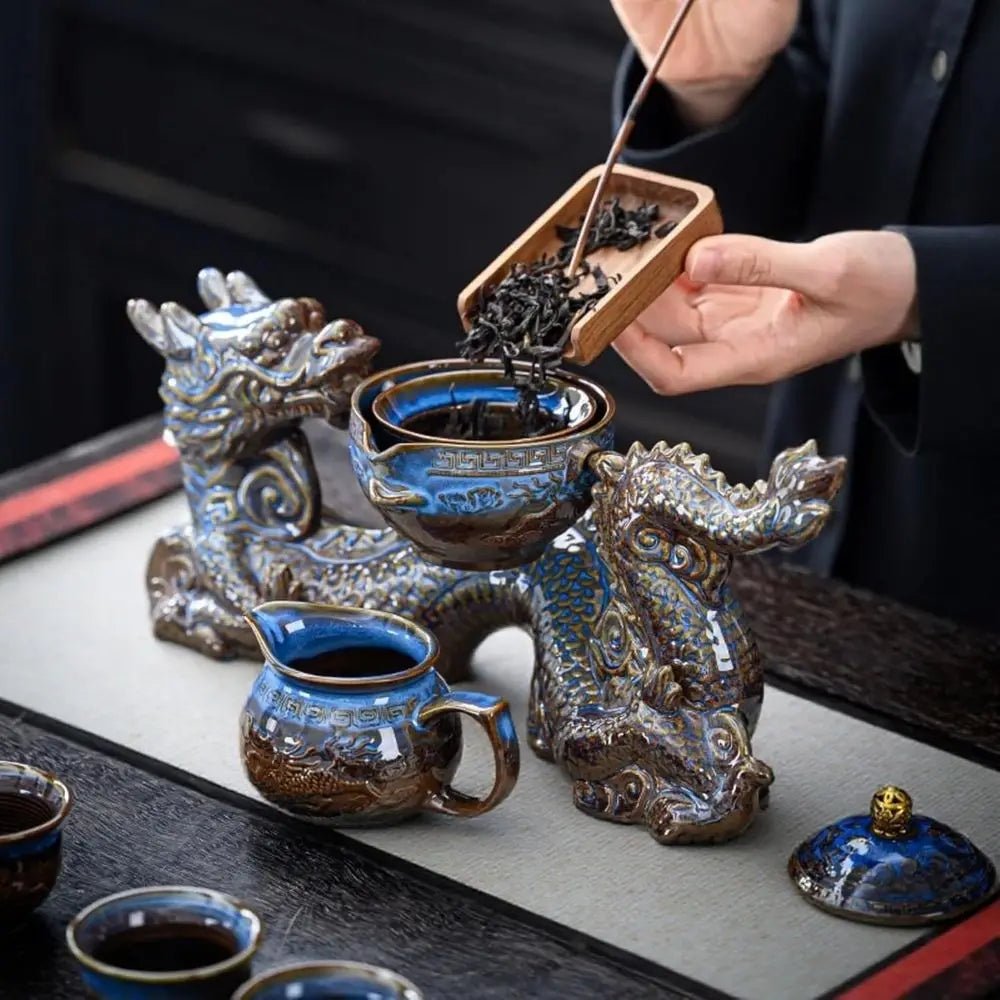 Chinese Gongfu Tea Set – 360° Rotating Teapot with Infuser & 6 Cups (Dragon Design) - Overture Gifts