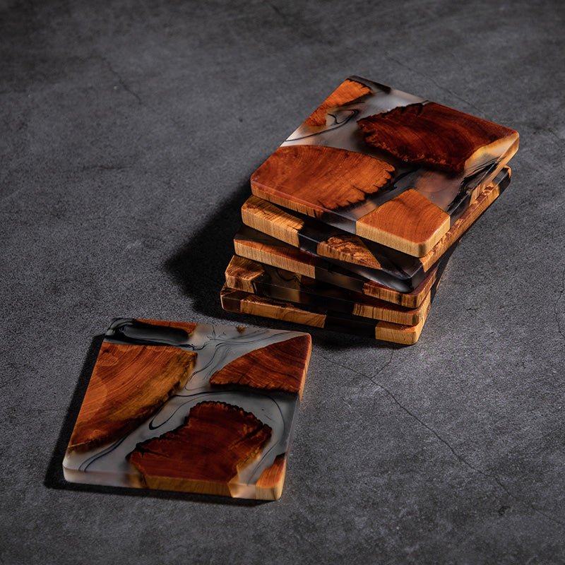 Chinese Tea Ceremony Coaster Set, 6-Piece Resin & Wood - Overture Gifts
