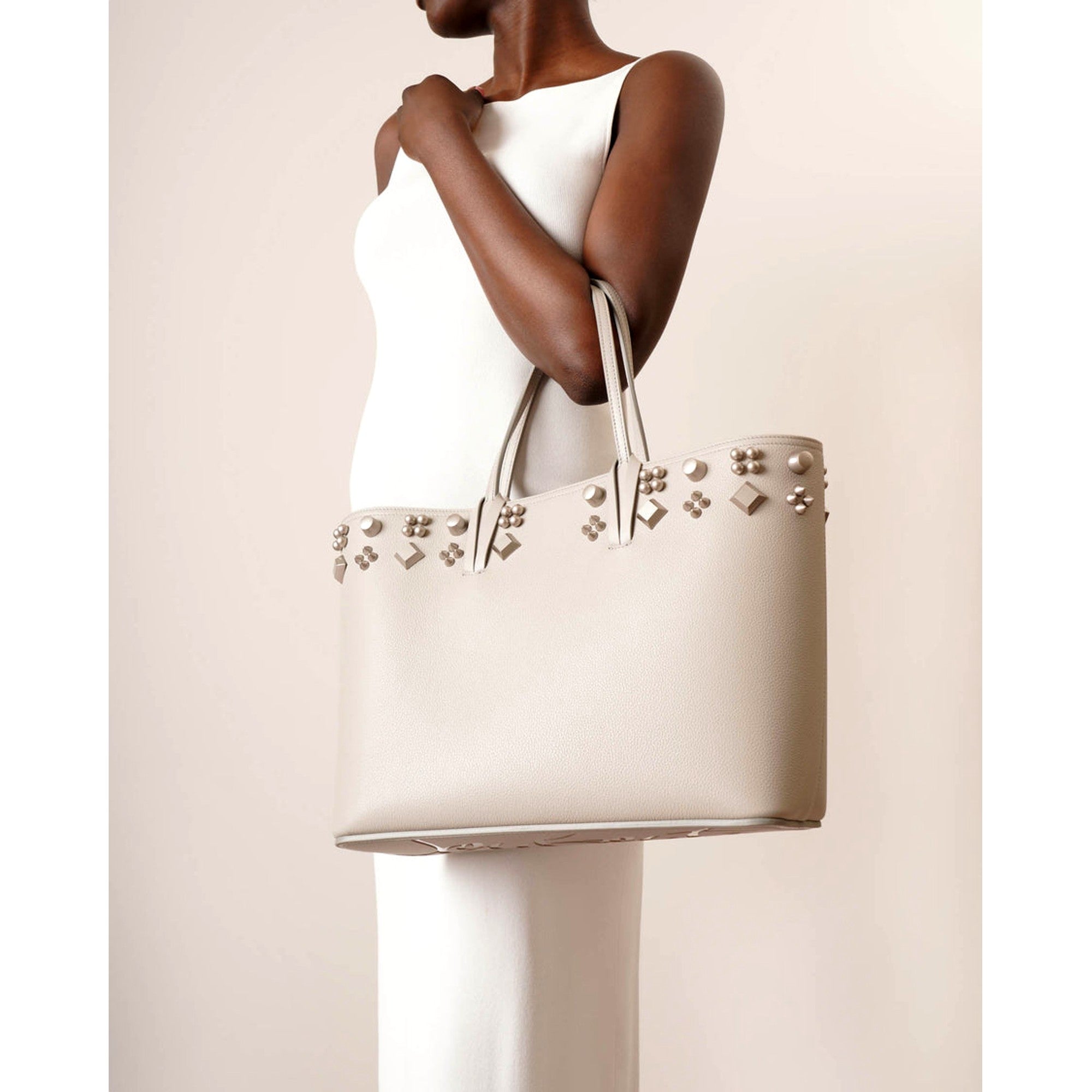 Christian Louboutin Cabata Spike Large Tote Leche Ivory Leather Shoulder Bag