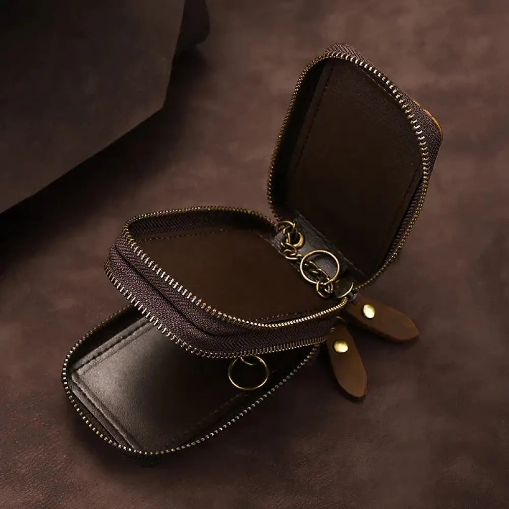 Premium Crazy Horse Leather Zip Key Case with Brass Clasp
